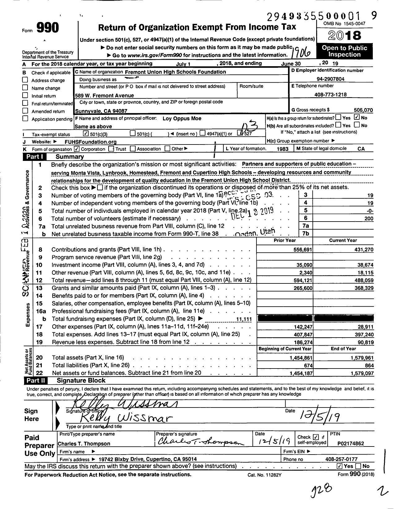 Image of first page of 2018 Form 990 for Fremont Union High Schools Foundation