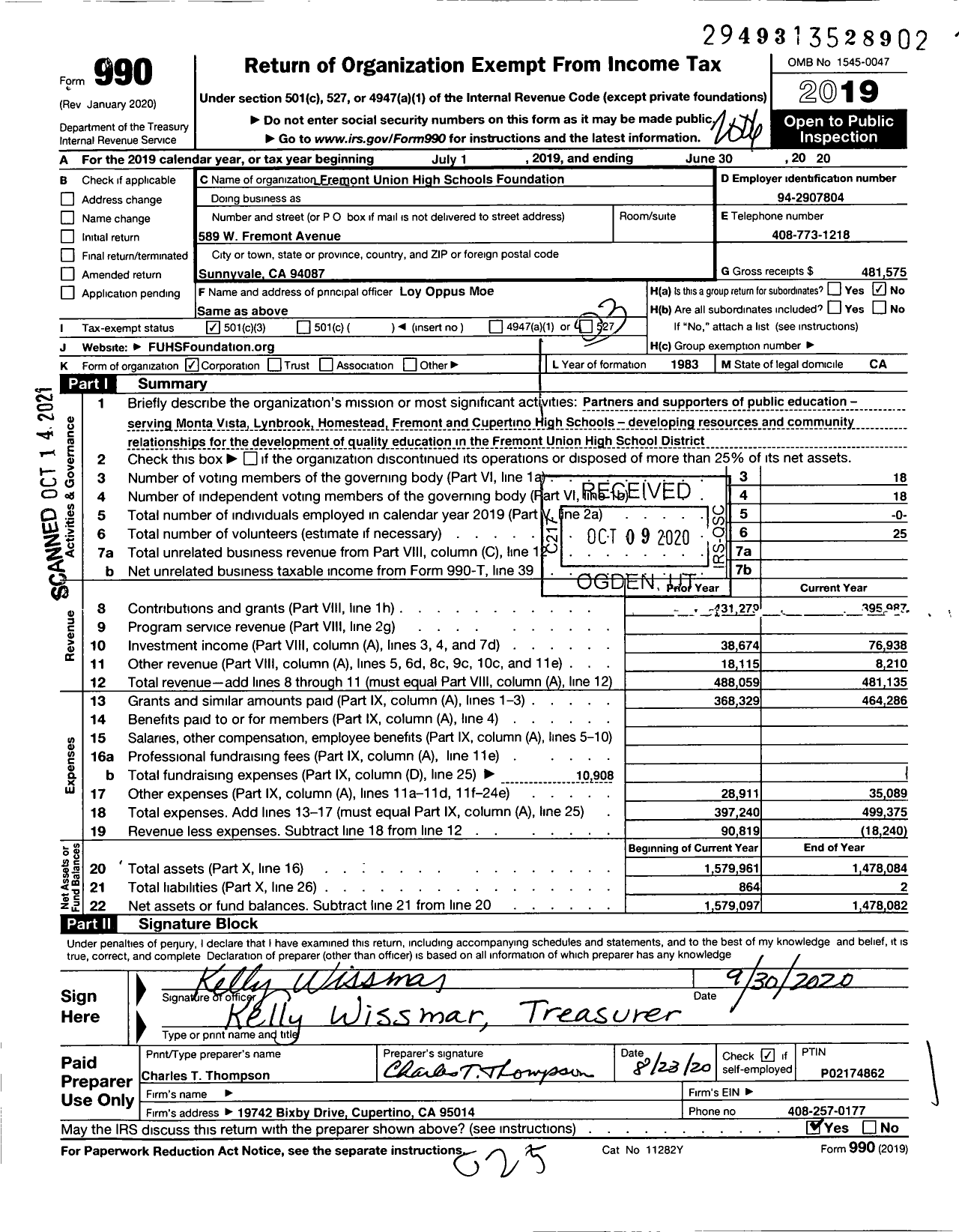 Image of first page of 2019 Form 990 for Fremont Union High Schools Foundation
