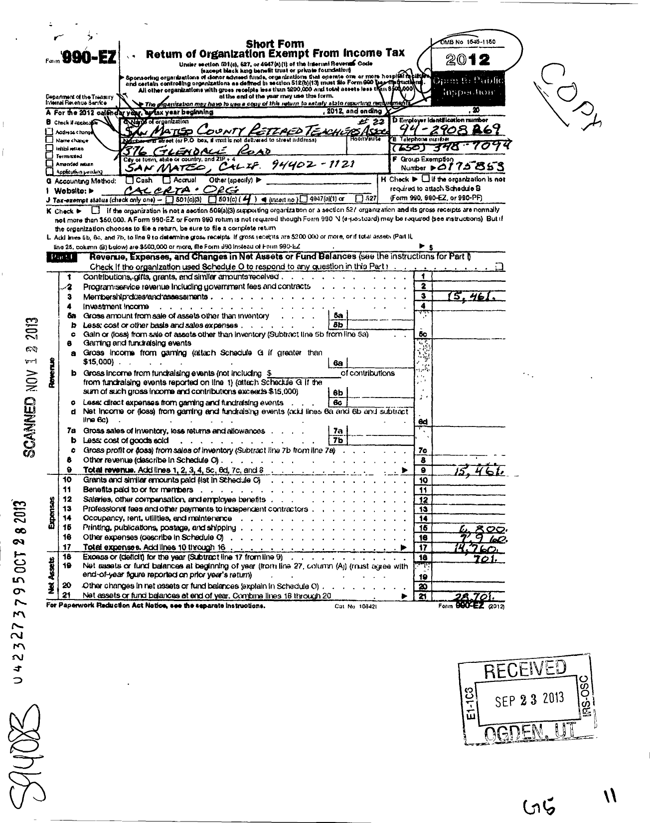 Image of first page of 2011 Form 990EO for California Retired Teachers Association / Iv-22 San Mateo