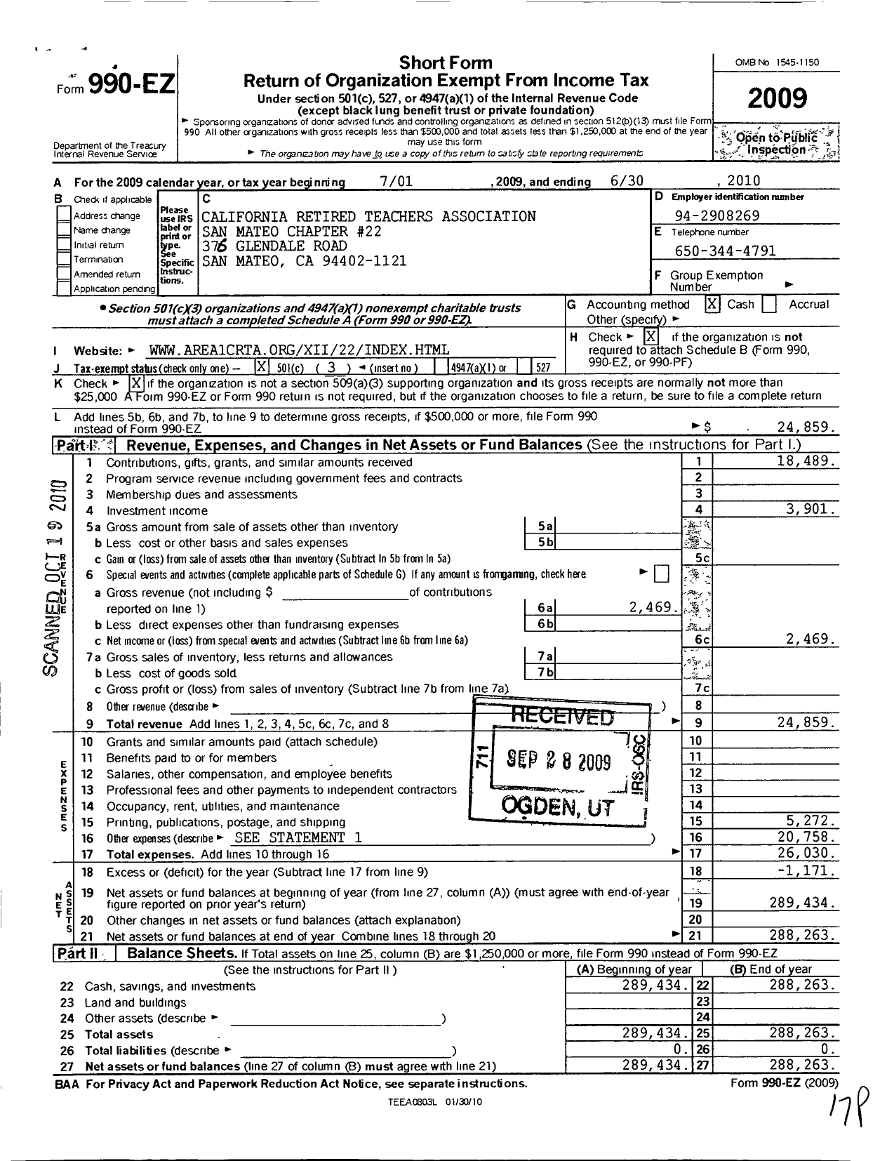 Image of first page of 2009 Form 990EZ for California Retired Teachers Association / Iv-22 San Mateo