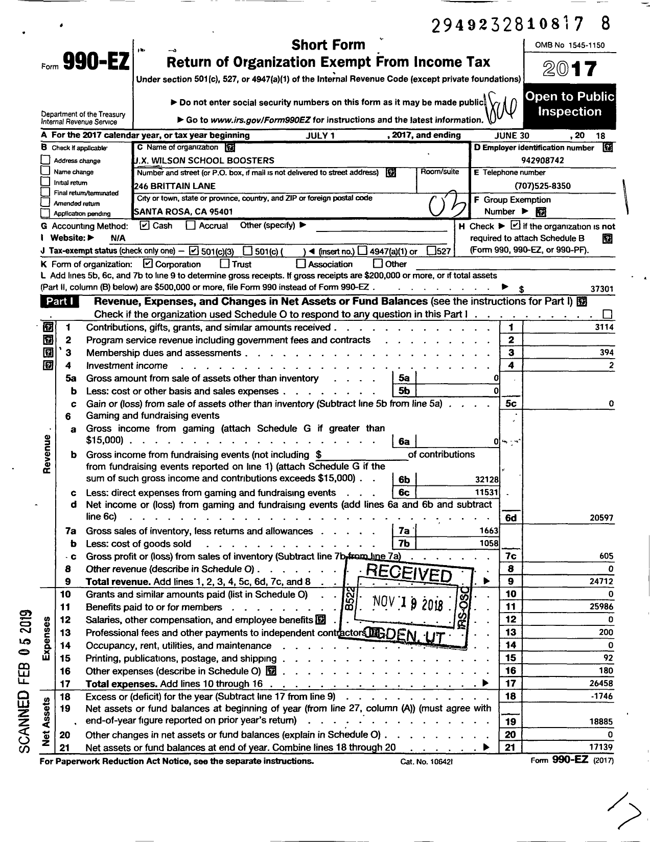 Image of first page of 2017 Form 990EZ for JX X Wilson School Boosters