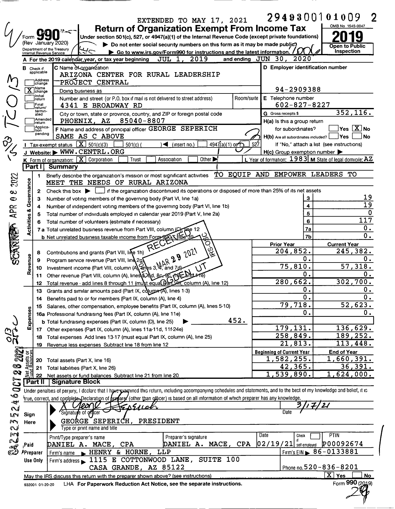 Image of first page of 2019 Form 990 for Arizona Center for Rural Leadership Project Central