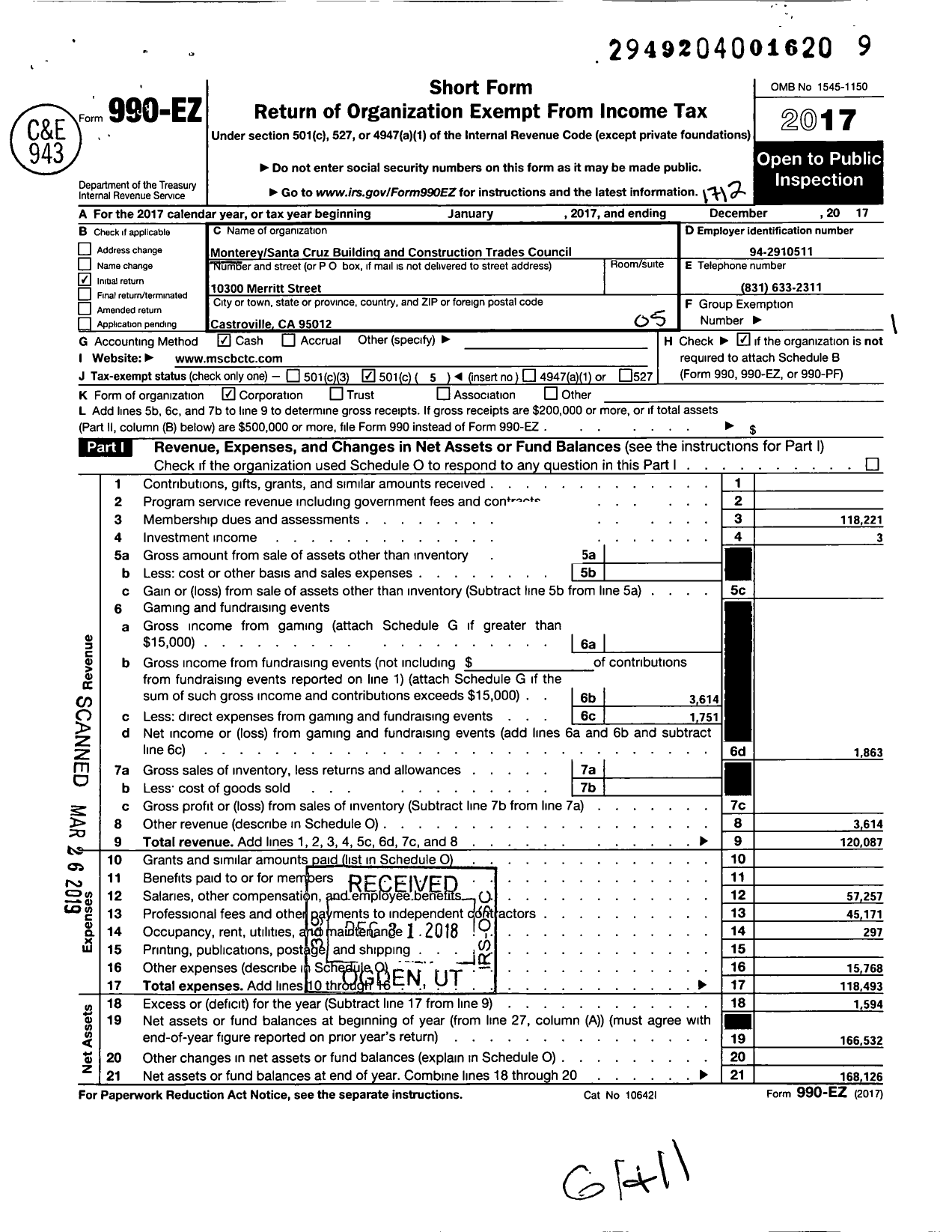 Image of first page of 2017 Form 990EO for AFL-CIO - Monterey-Santa Cruz Counties Bldg