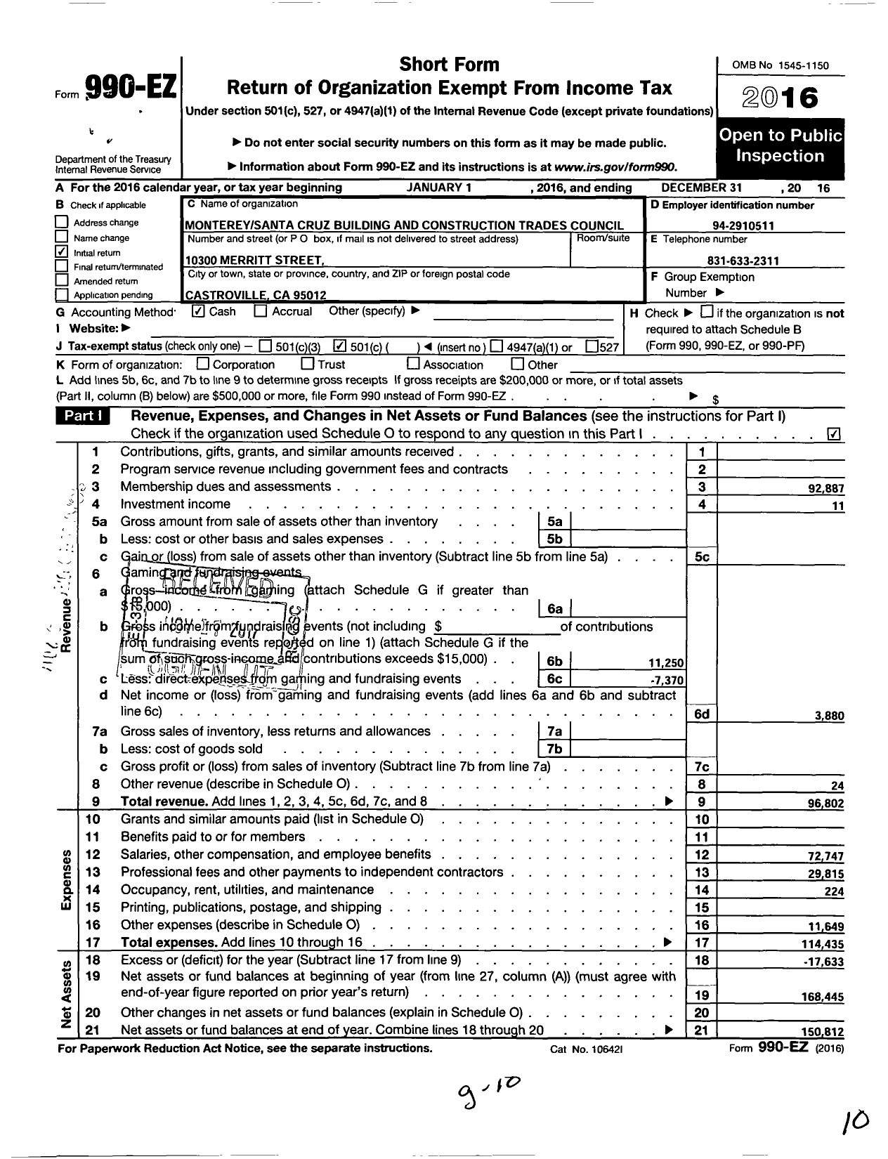 Image of first page of 2016 Form 990EO for AFL-CIO - Monterey-Santa Cruz Counties Bldg