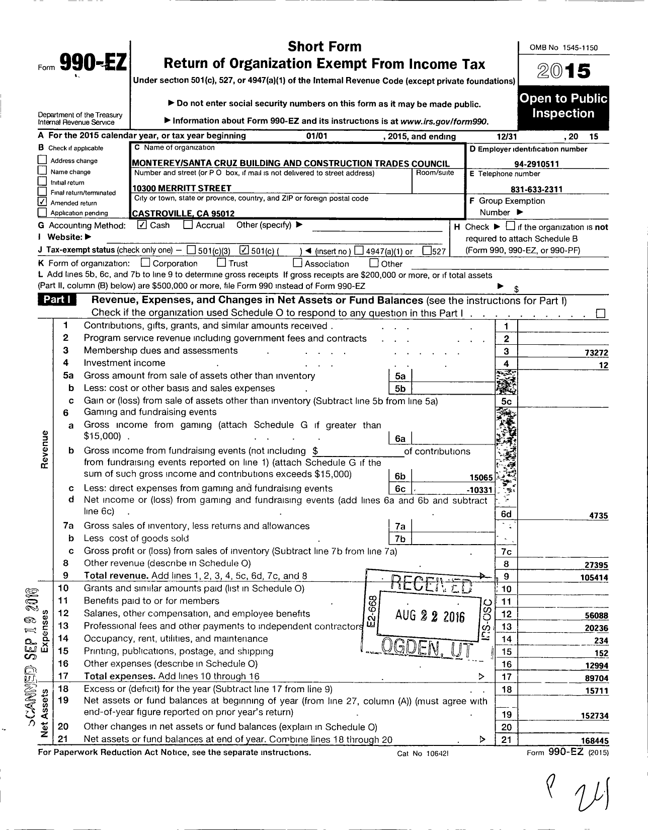 Image of first page of 2015 Form 990EO for AFL-CIO - Monterey-Santa Cruz Counties Bldg