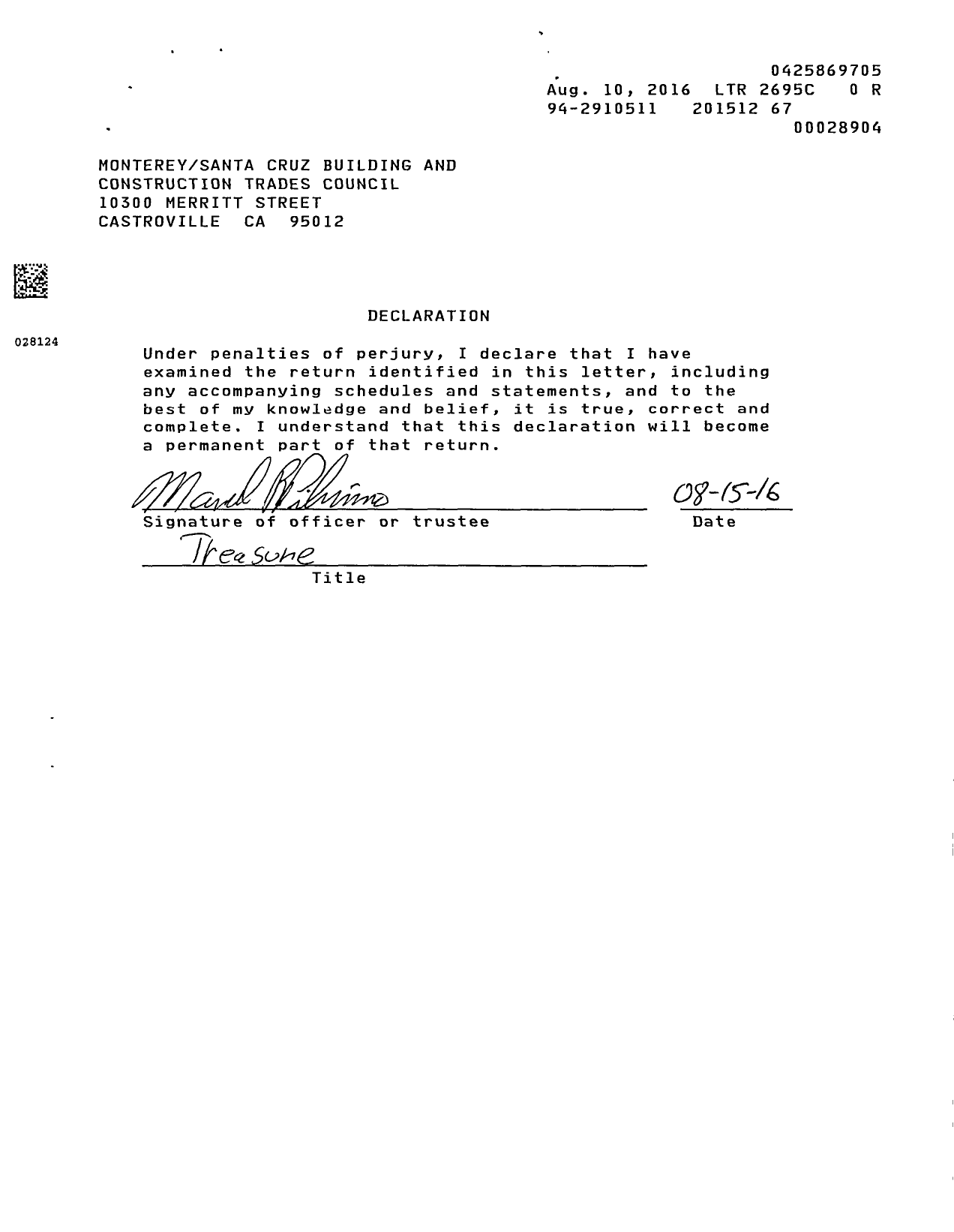 Image of first page of 2015 Form 990ER for AFL-CIO - Monterey-Santa Cruz Counties Bldg