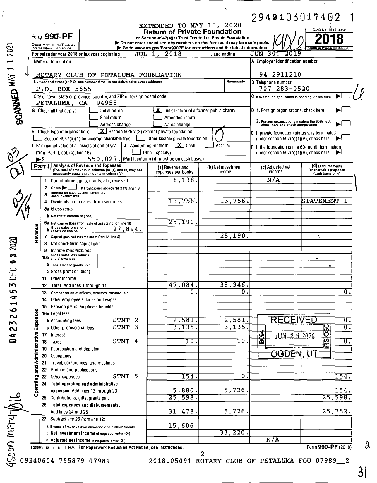 Image of first page of 2018 Form 990PF for Rotary Club of Petaluma Foundation