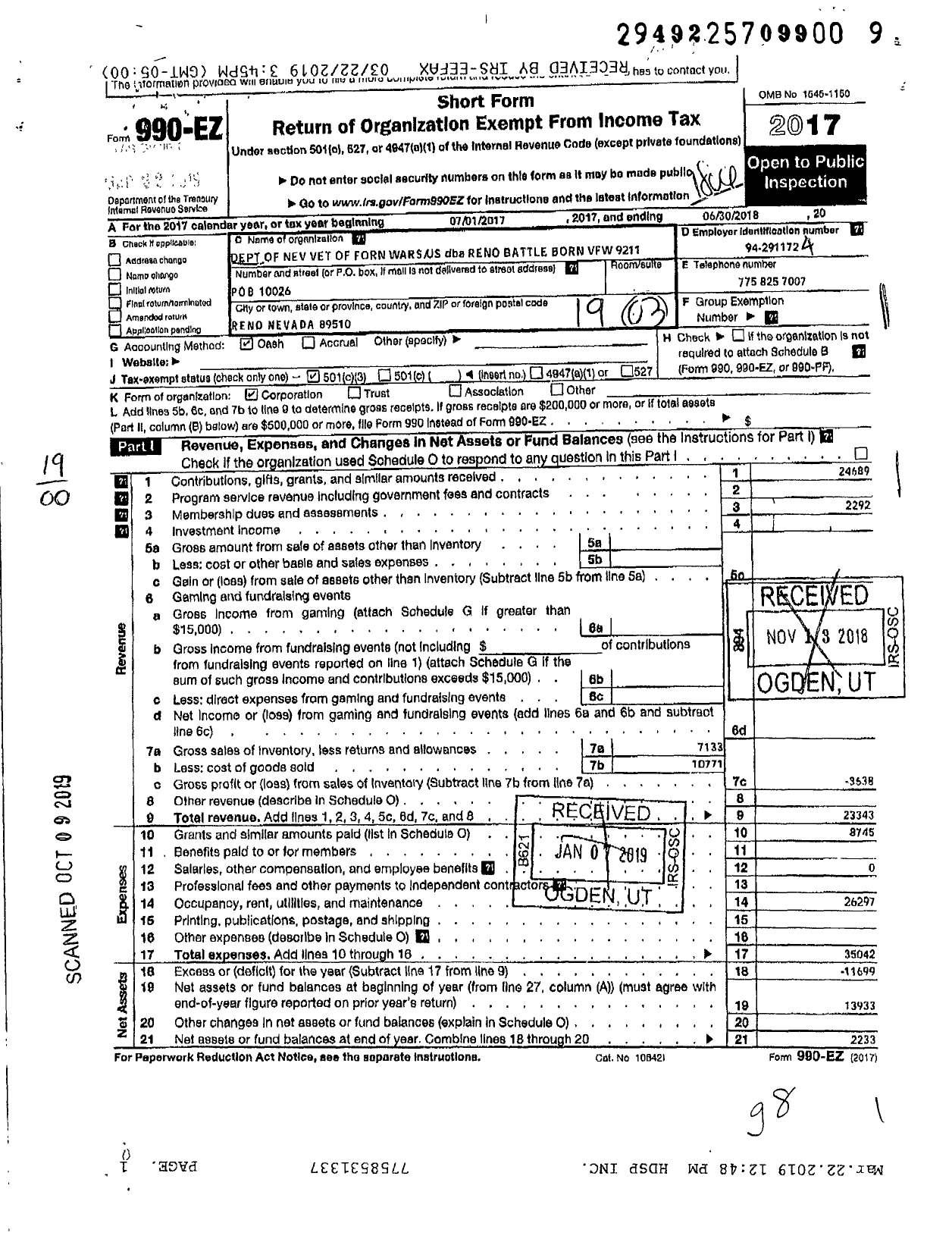 Image of first page of 2017 Form 990EO for Department of Nevada Veterans of Foreigns of the U S - 9211 Battle Born Post