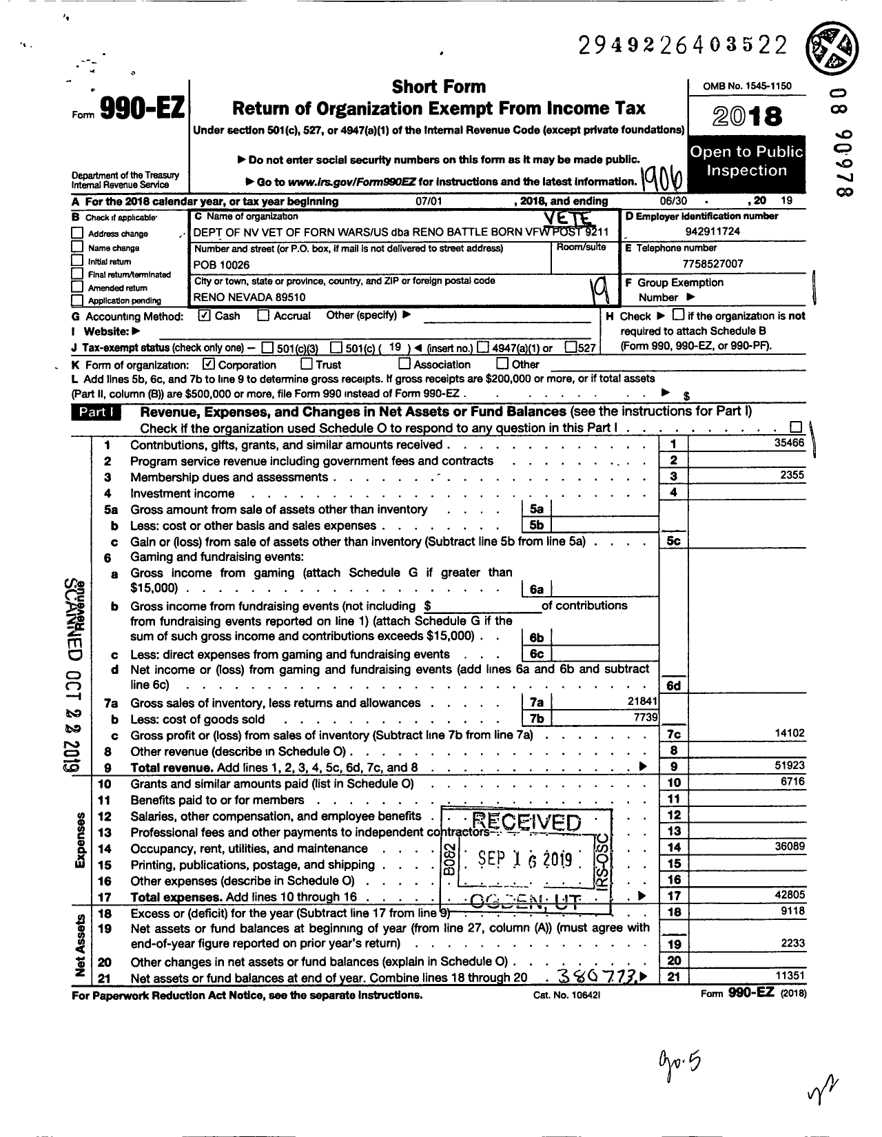 Image of first page of 2018 Form 990EO for Department of Nevada Veterans of Foreigns of the U S - 9211 Battle Born Post