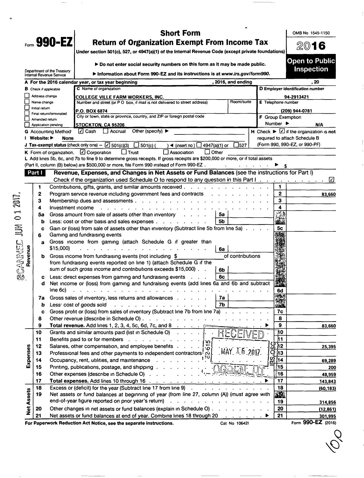 Image of first page of 2016 Form 990EZ for College Ville Farm Workers