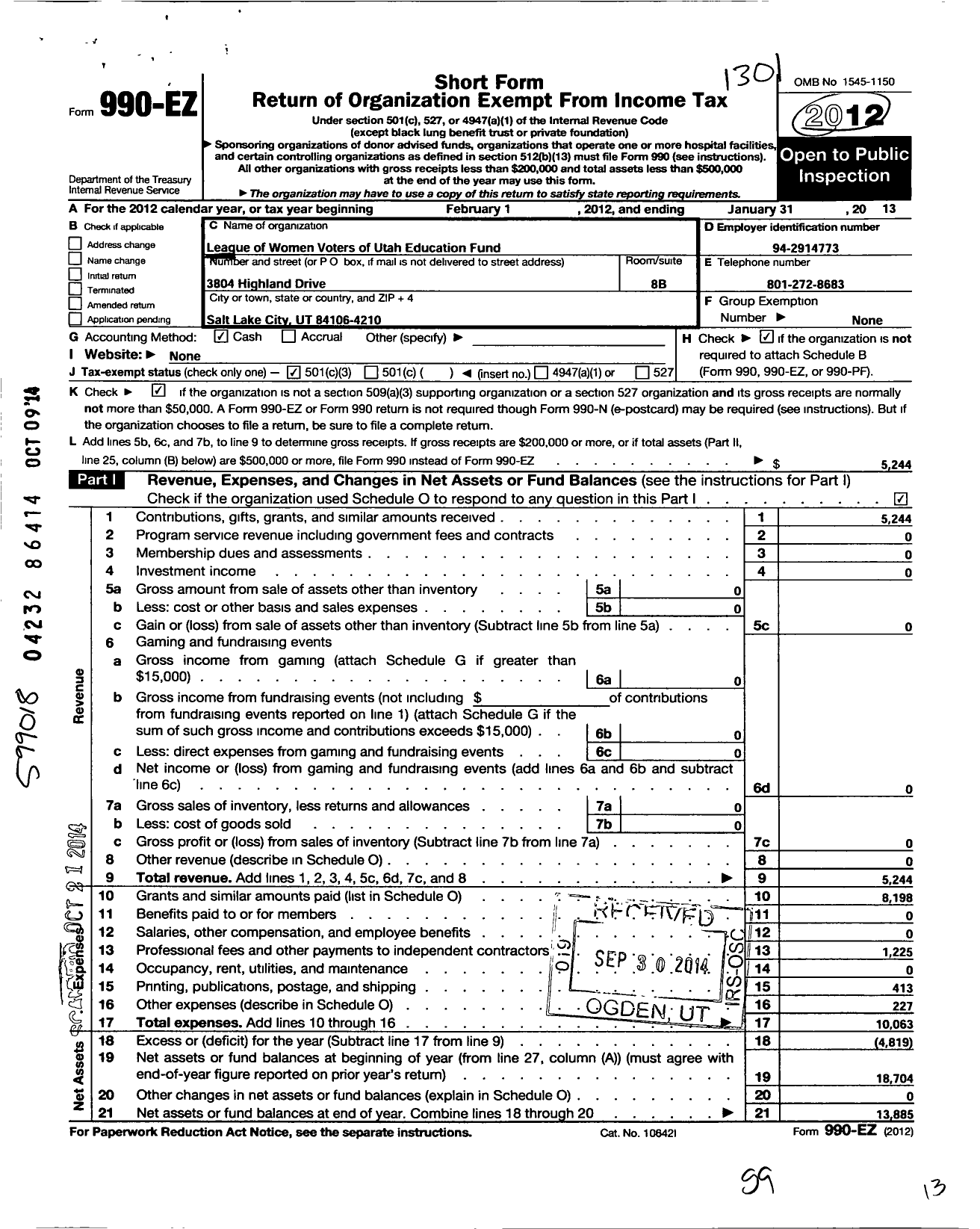 Image of first page of 2012 Form 990EZ for League of Women Voters of Utah Education Fund