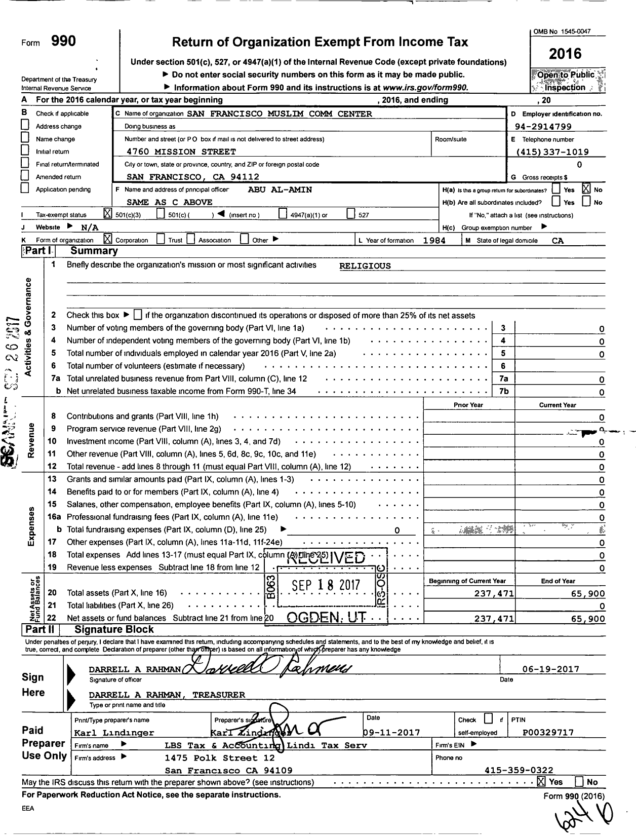 Image of first page of 2016 Form 990 for San Francisco Muslim Community Center