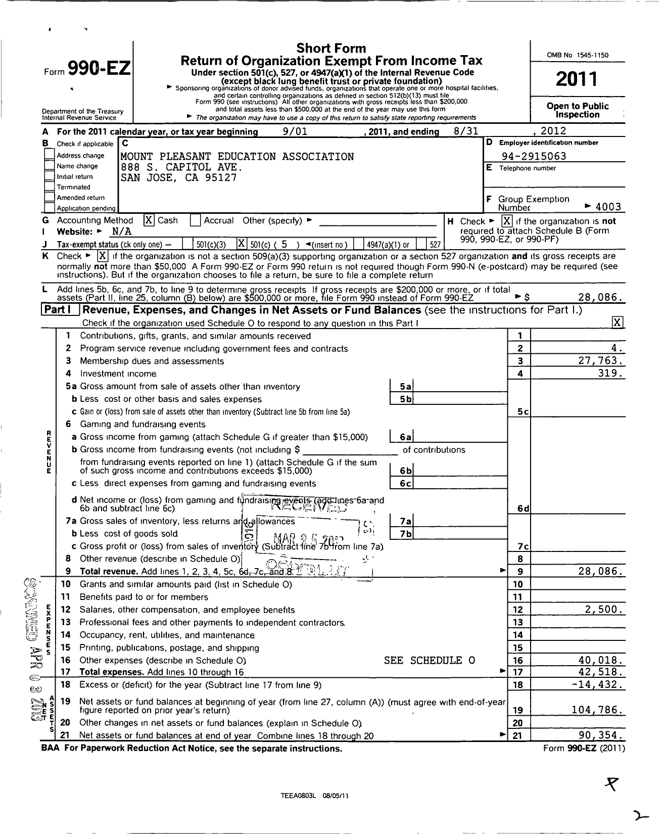 Image of first page of 2011 Form 990EO for California Teachers Association - Mount Pleasant Education Assoc