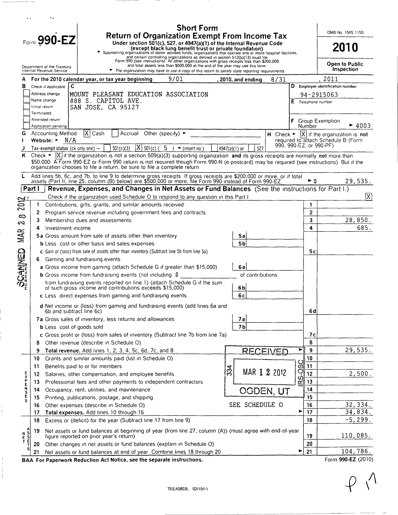 Image of first page of 2010 Form 990EO for California Teachers Association - Mount Pleasant Education Assoc