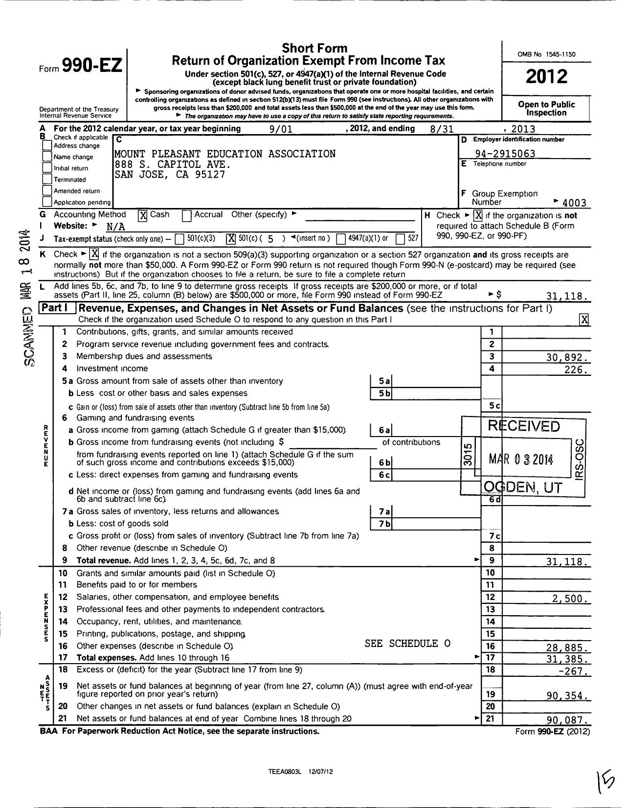 Image of first page of 2012 Form 990EO for California Teachers Association - Mount Pleasant Education Assoc