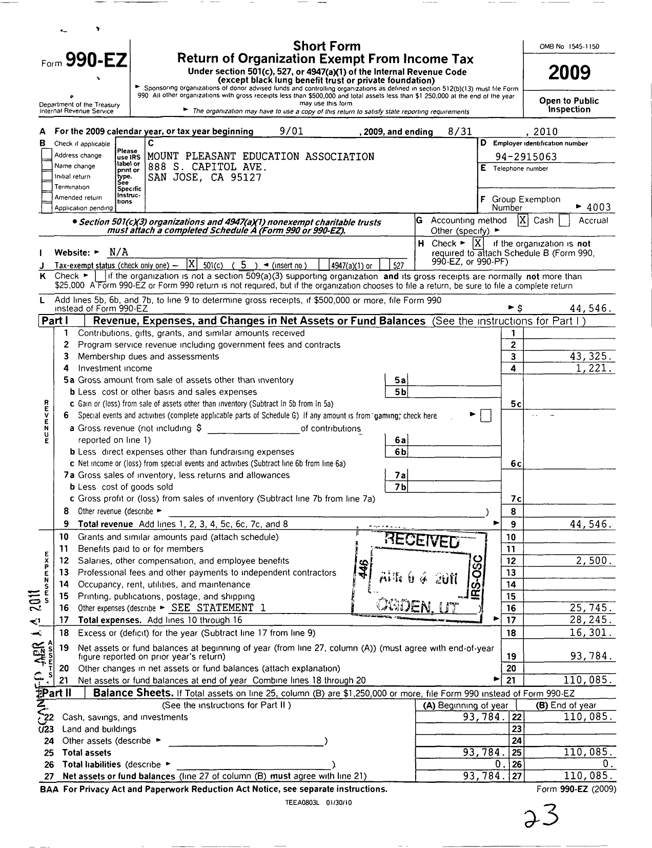 Image of first page of 2009 Form 990EO for California Teachers Association - Mount Pleasant Education Assoc