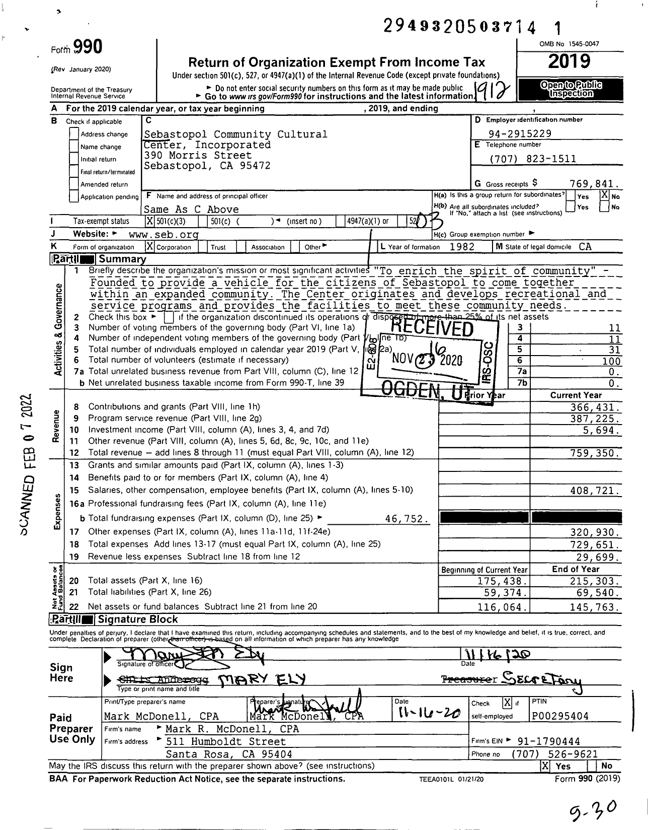 Image of first page of 2019 Form 990 for Sebastopol Community Cultural Center Incorporated