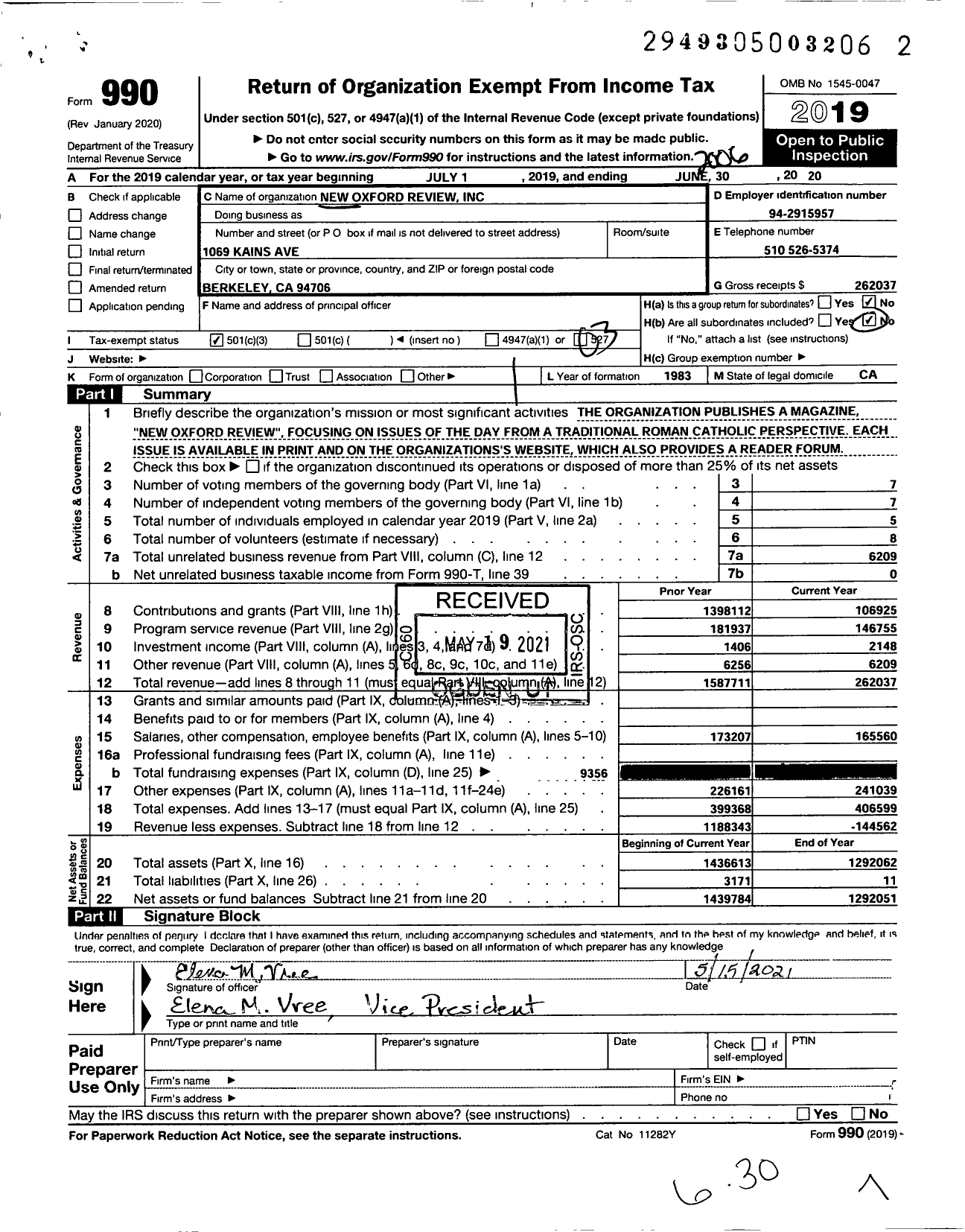 Image of first page of 2019 Form 990 for New Oxford Review