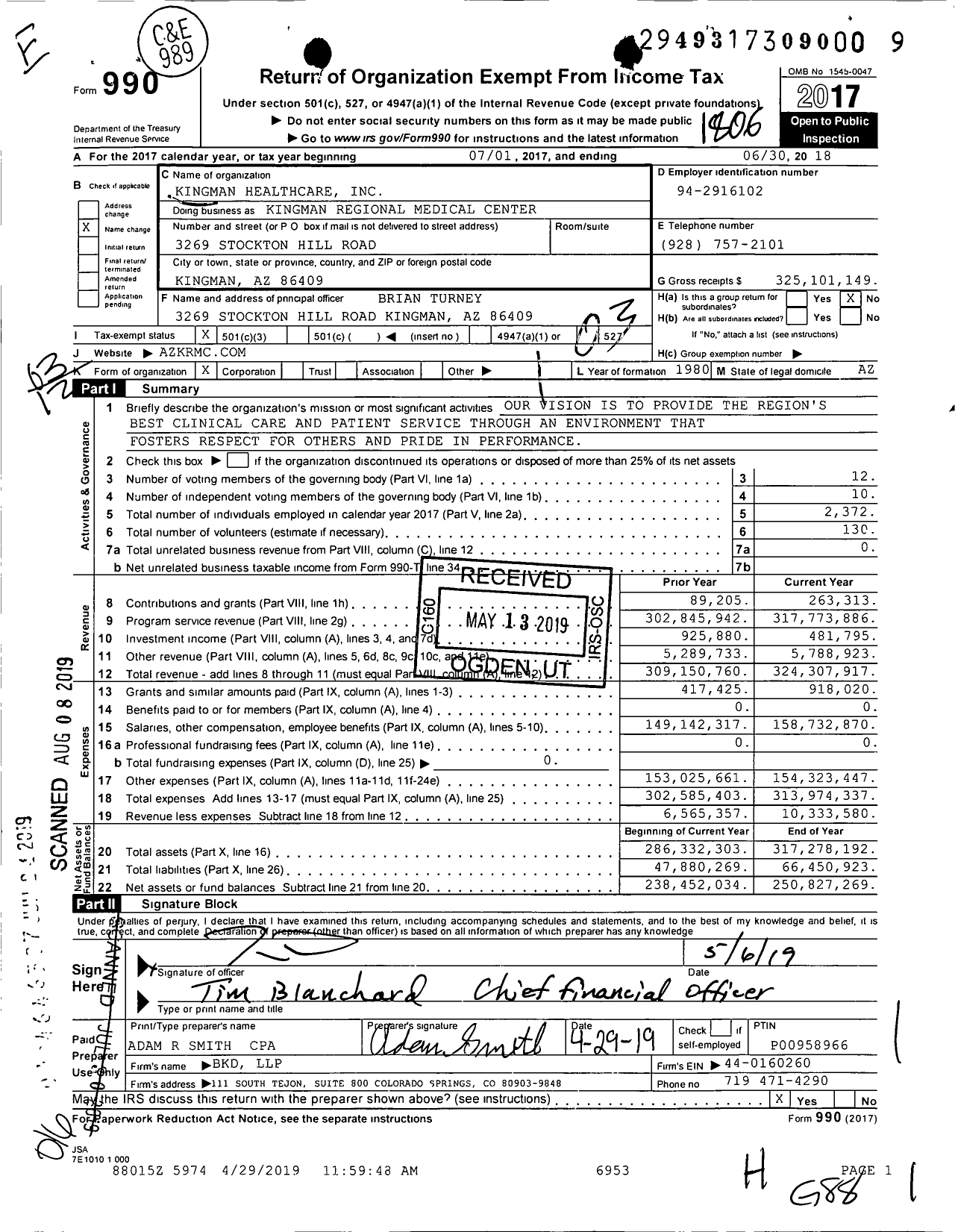 Image of first page of 2017 Form 990 for Kingman Regional Medical Center