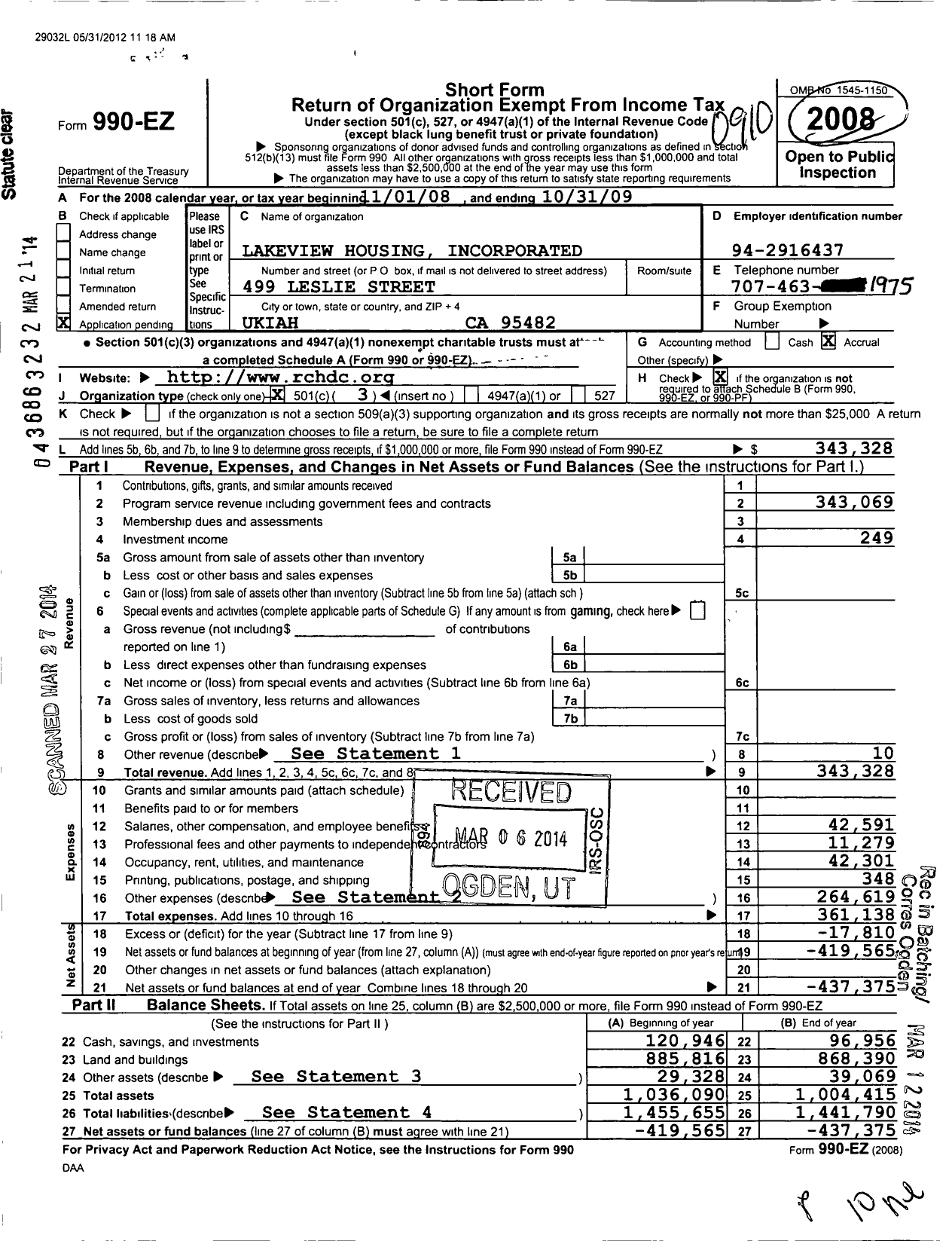 Image of first page of 2008 Form 990EZ for Rural Community Housing Development Corporation / Lakeview Housing Incorporated