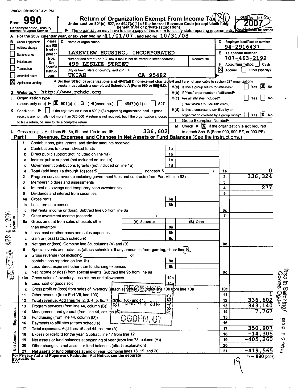 Image of first page of 2007 Form 990 for Rural Community Housing Development Corporation / Lakeview Housing Incorporated