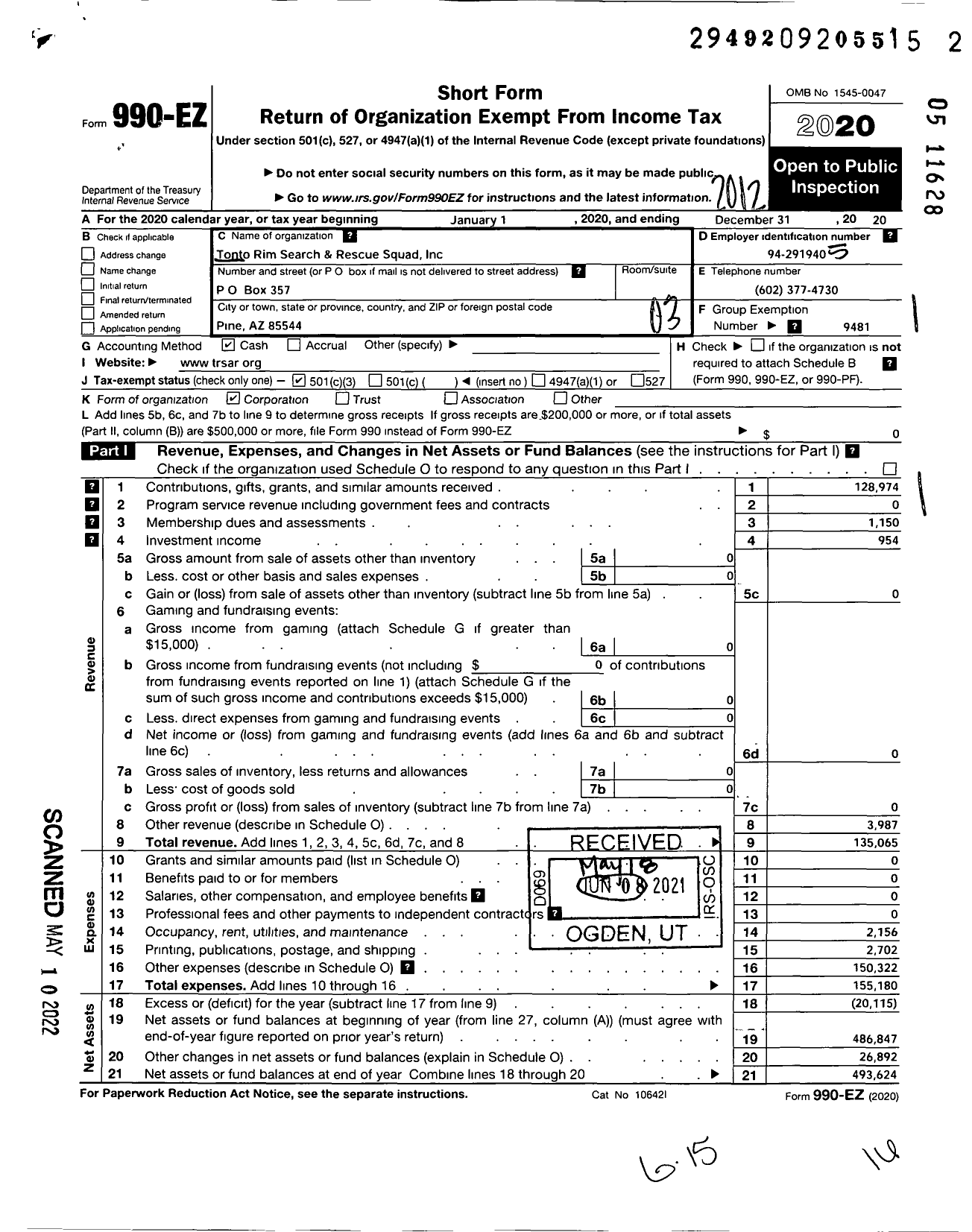 Image of first page of 2020 Form 990EZ for Tonto Rim Search and Rescue Squad