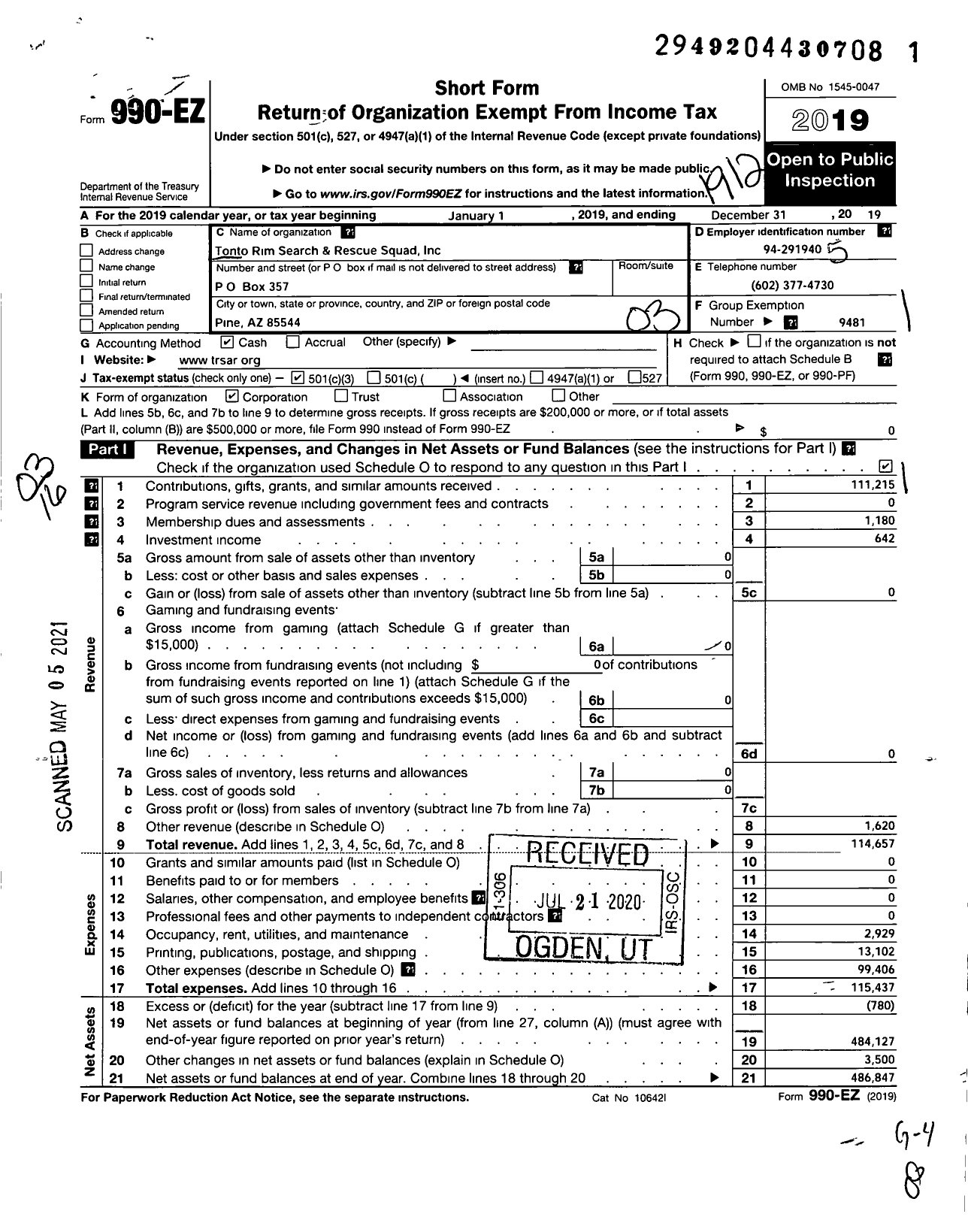 Image of first page of 2019 Form 990EZ for Tonto Rim Search and Rescue Squad