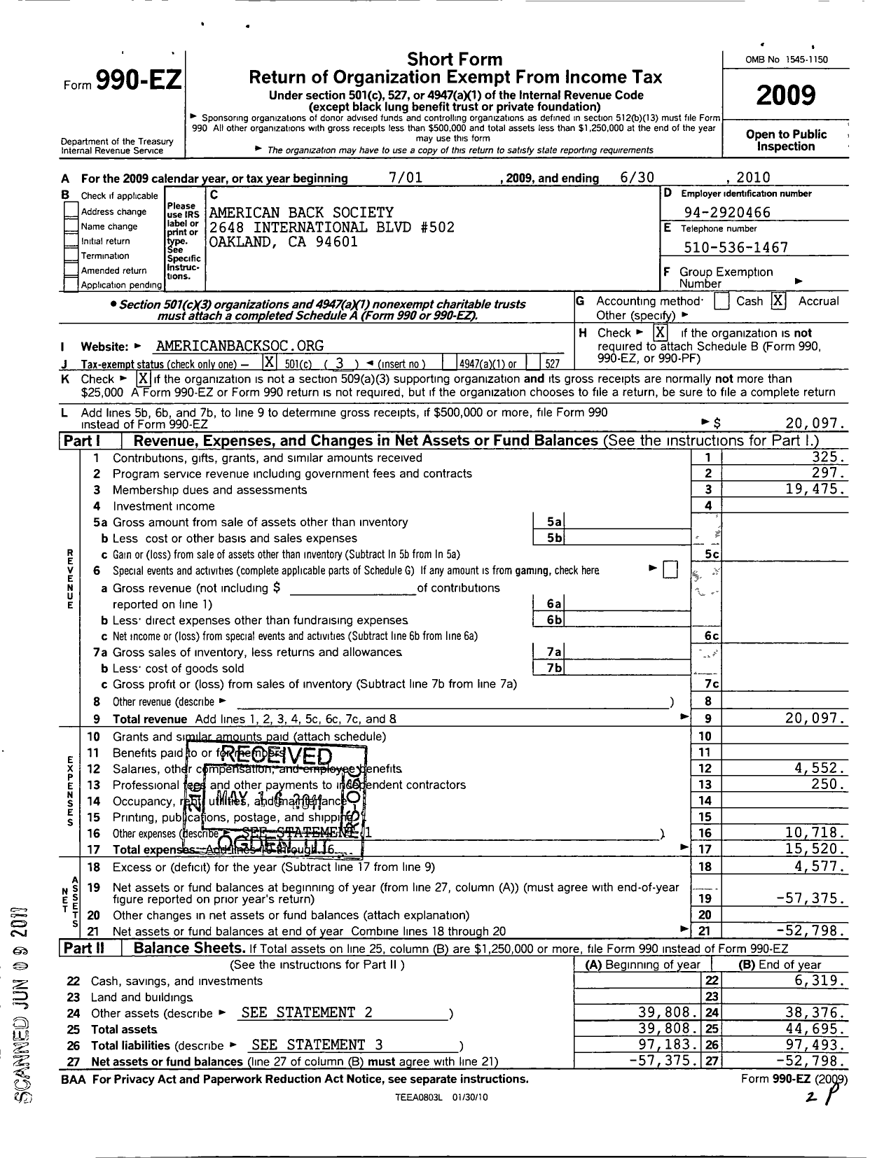 Image of first page of 2009 Form 990EZ for American Back Society