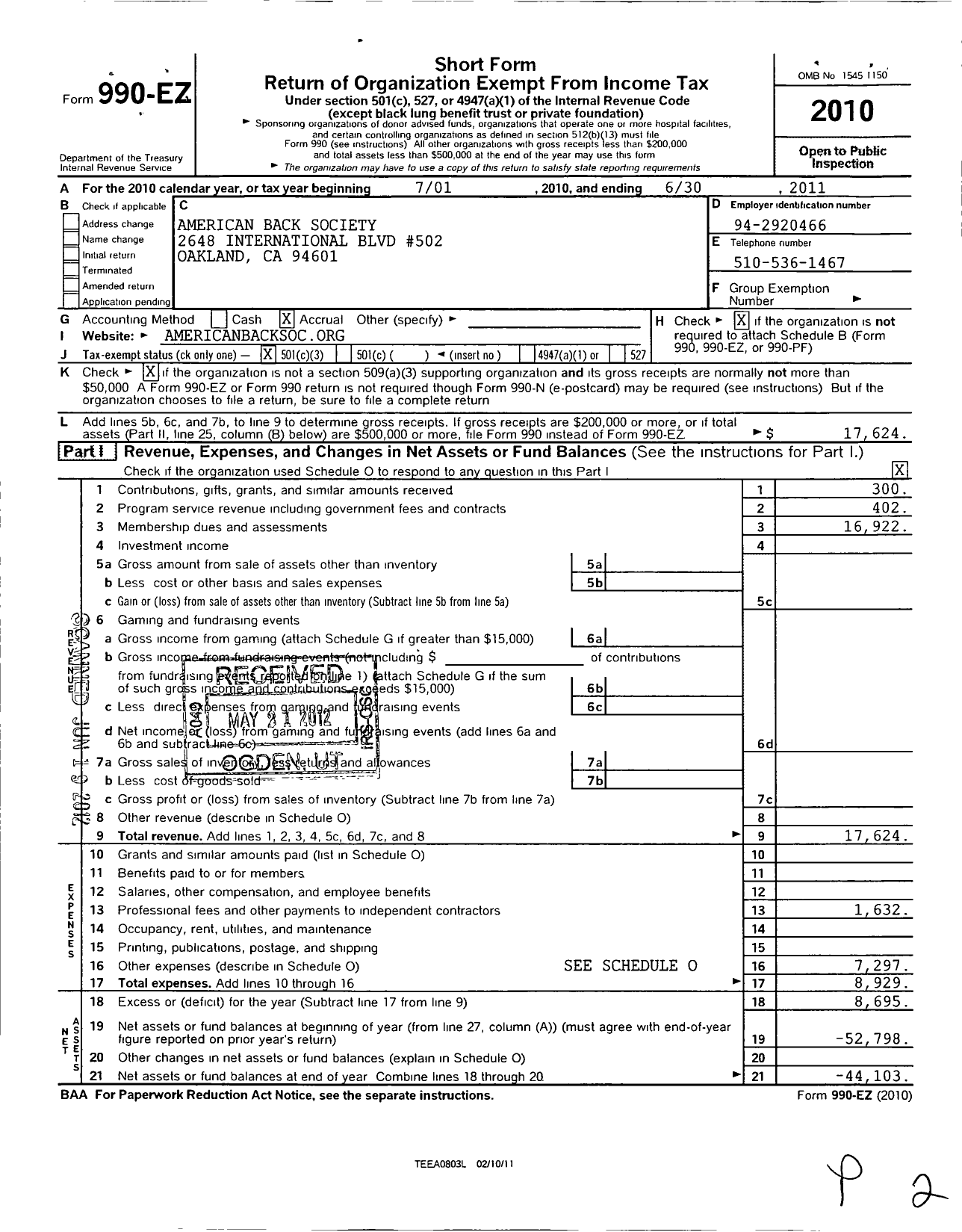 Image of first page of 2010 Form 990EZ for American Back Society