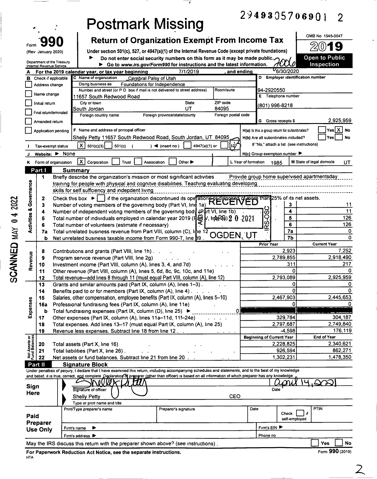 Image of first page of 2019 Form 990 for Foundations for Independence