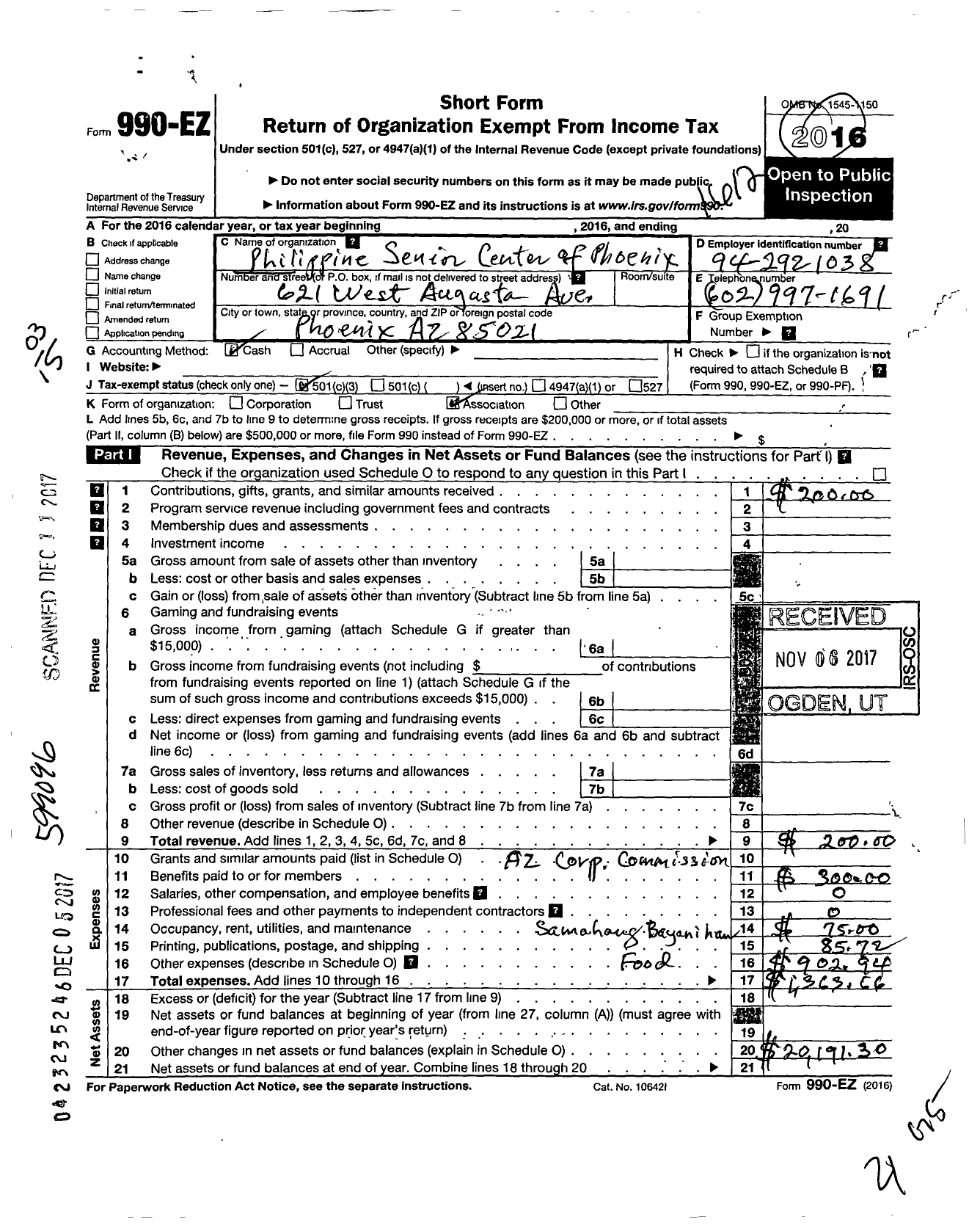 Image of first page of 2016 Form 990EZ for Philippine Senior Center of Phoenix