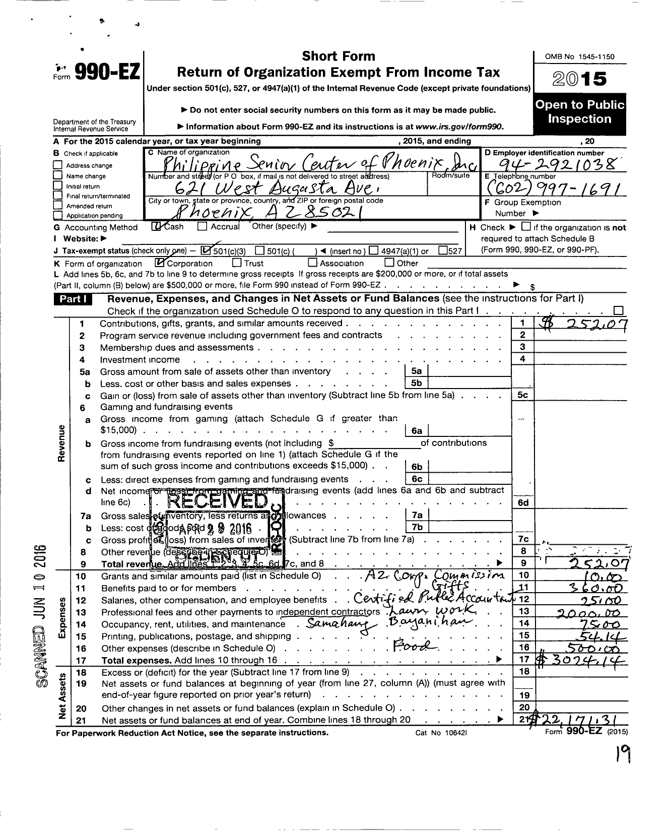 Image of first page of 2015 Form 990EZ for Philippine Senior Center of Phoenix