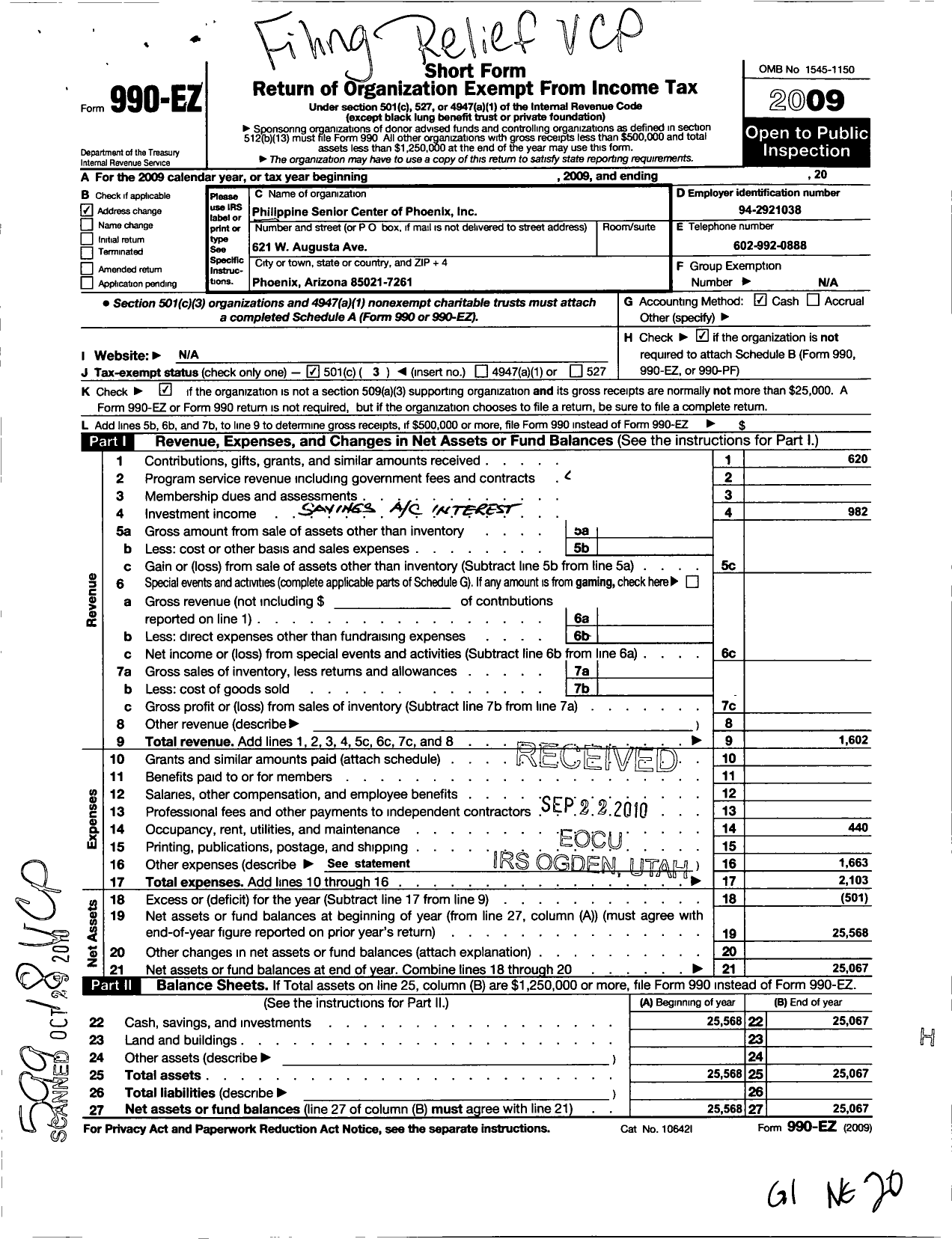 Image of first page of 2009 Form 990EZ for Philippine Senior Center of Phoenix