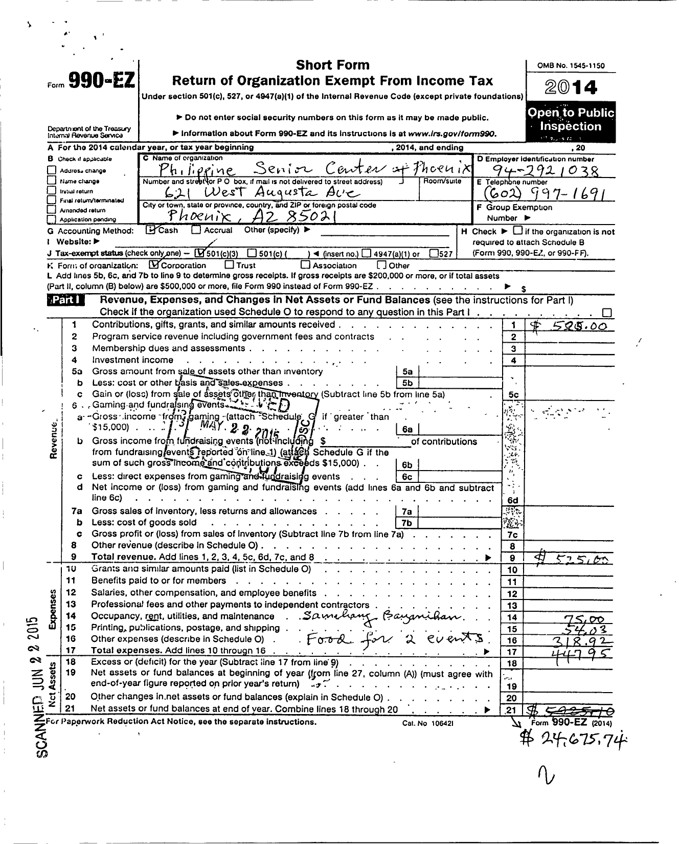 Image of first page of 2014 Form 990EZ for Philippine Senior Center of Phoenix