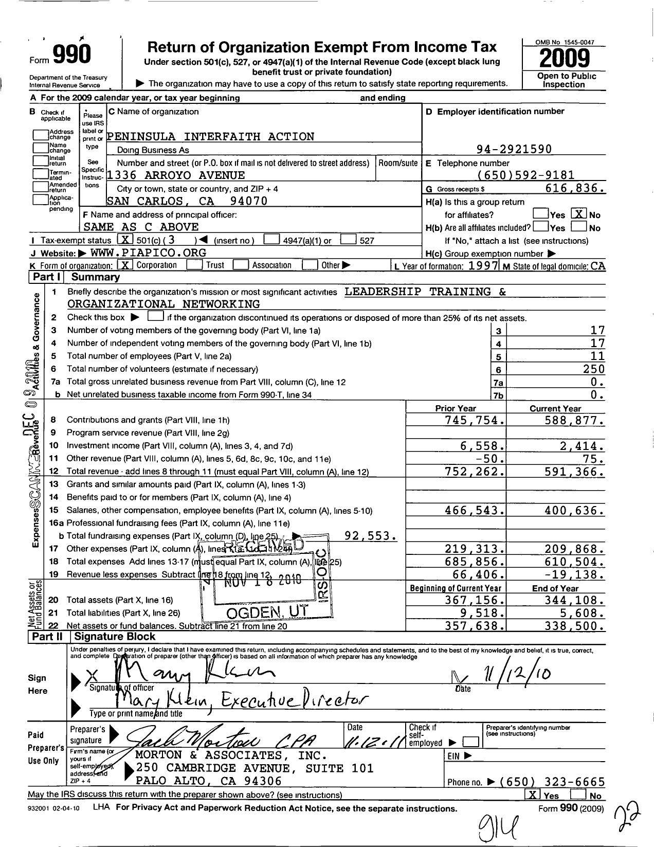 Image of first page of 2009 Form 990 for Peninsula Interfaith Action