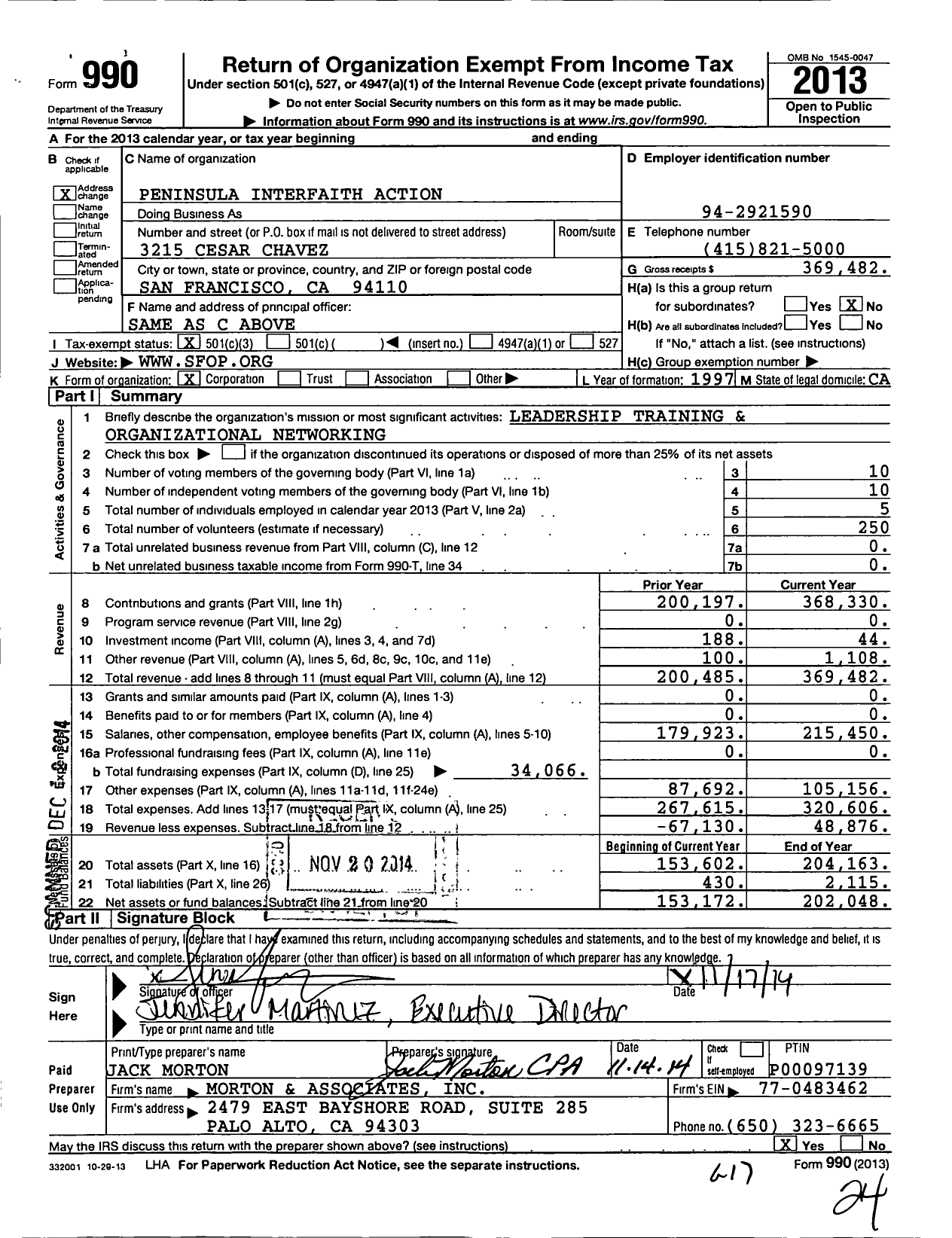 Image of first page of 2013 Form 990 for Peninsula Interfaith Action