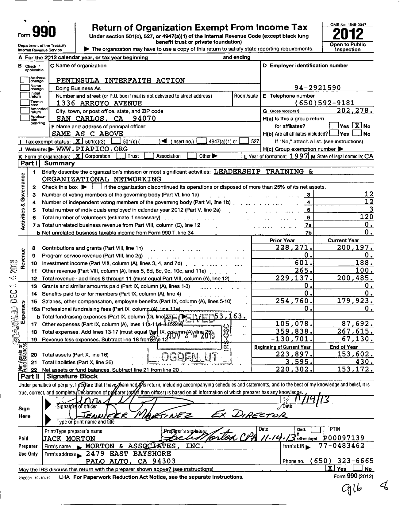 Image of first page of 2012 Form 990 for Peninsula Interfaith Action