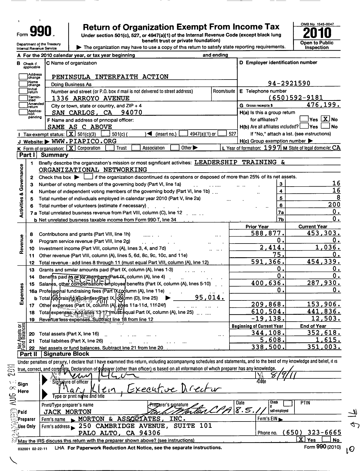 Image of first page of 2010 Form 990 for Peninsula Interfaith Action