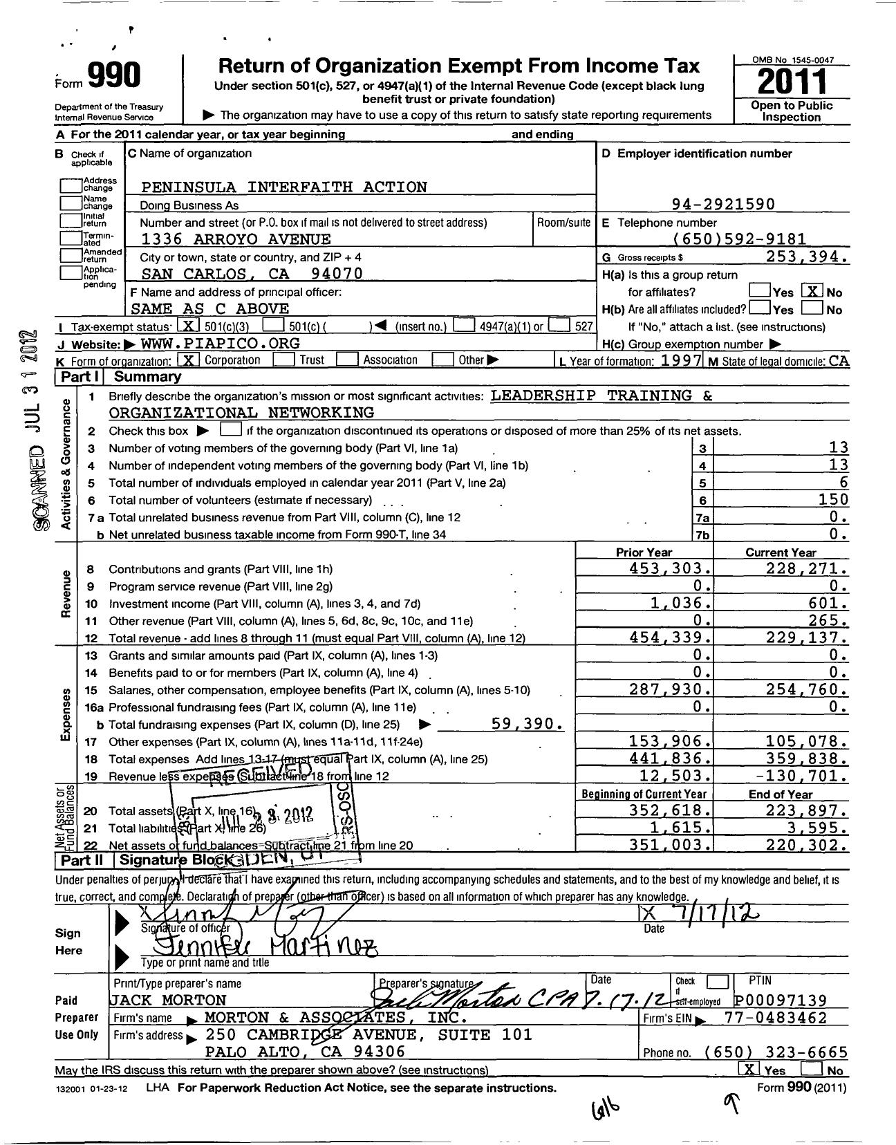 Image of first page of 2011 Form 990 for Peninsula Interfaith Action