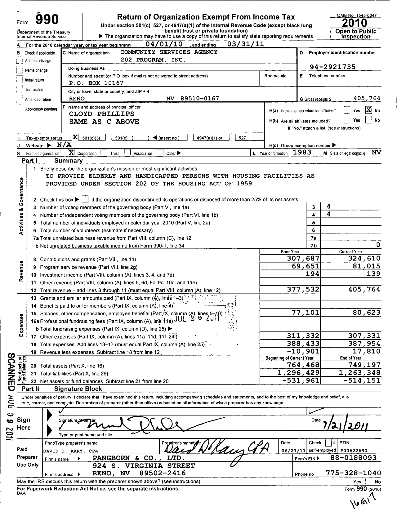 Image of first page of 2010 Form 990 for Community Services Agency 202 Program