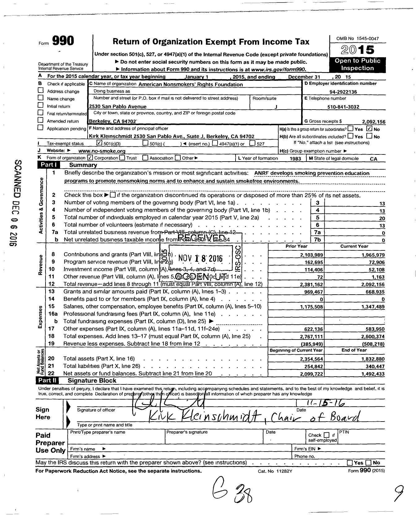 Image of first page of 2015 Form 990 for American Nonsmokers Rights Foundation