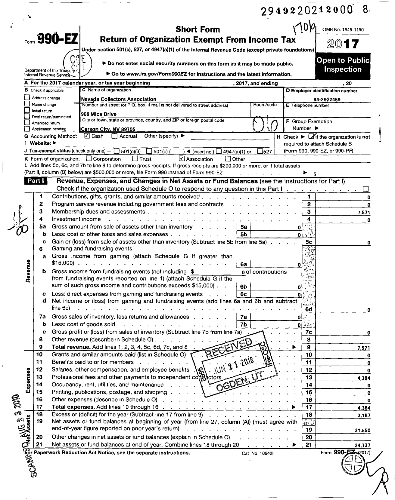 Image of first page of 2017 Form 990EO for Nevada Collectors Association