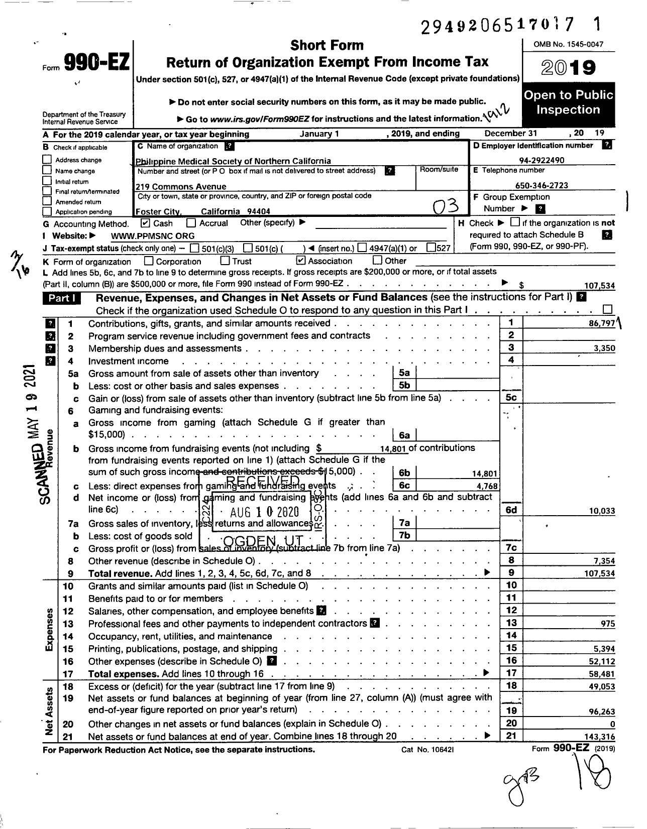 Image of first page of 2019 Form 990EZ for Philippine Medical Society of Northern California