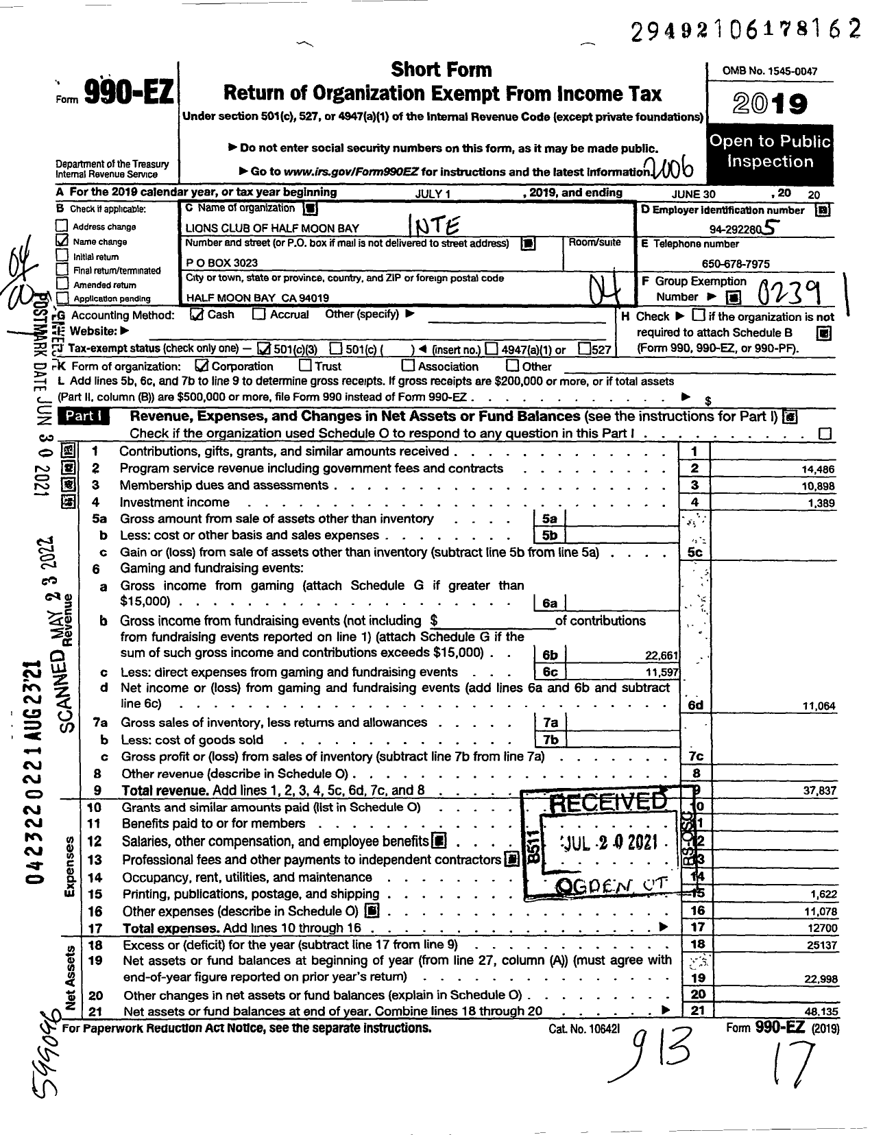 Image of first page of 2019 Form 990EO for International Association of Lions Clubs - 2121 Half Moon Bay