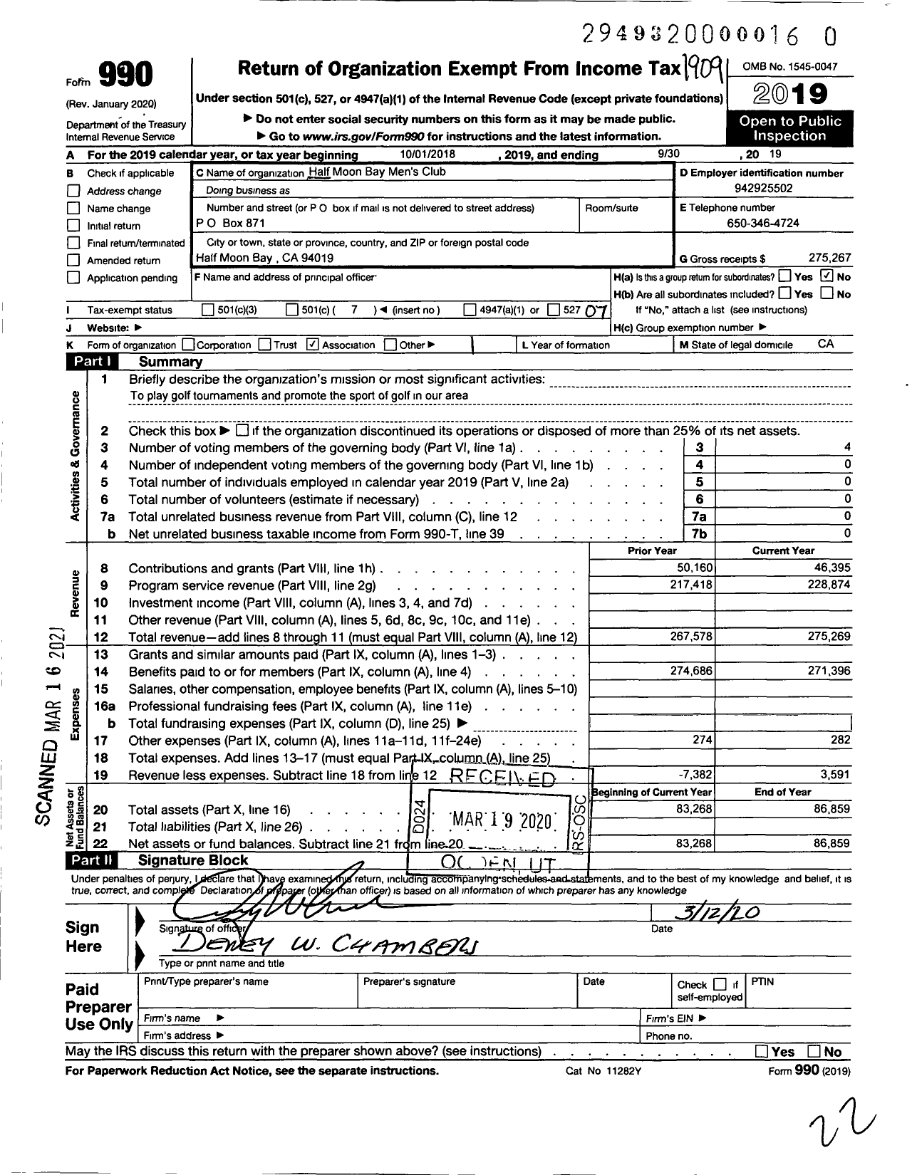 Image of first page of 2018 Form 990O for Half Moon Bay Mens Golf Club