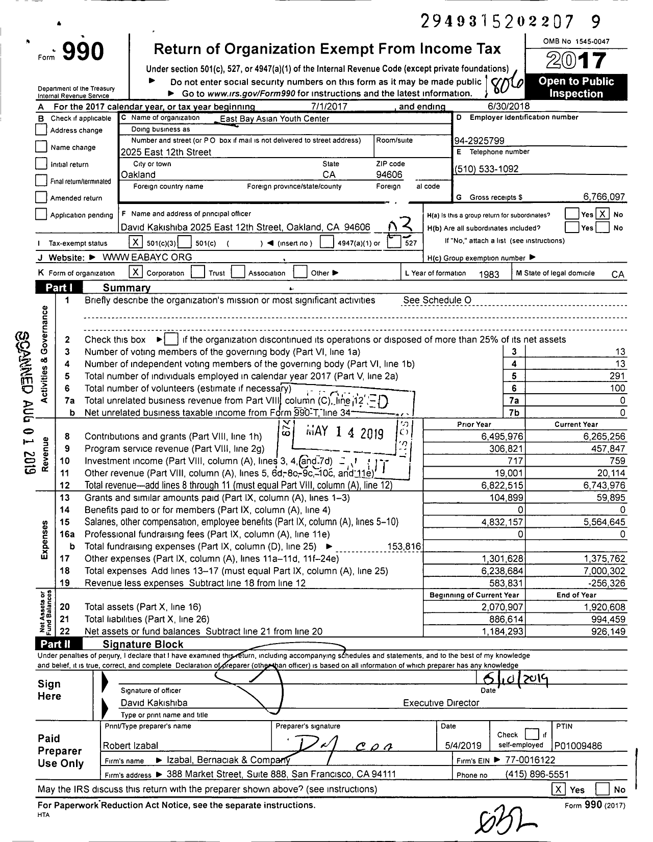 Image of first page of 2017 Form 990 for East Bay Asian Youth Center (EBAYC)