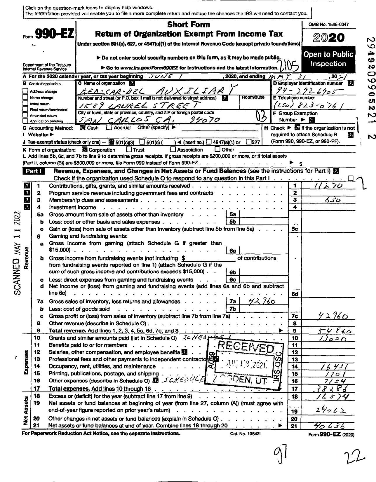 Image of first page of 2020 Form 990EZ for Red-Car-Bel Auxiliary