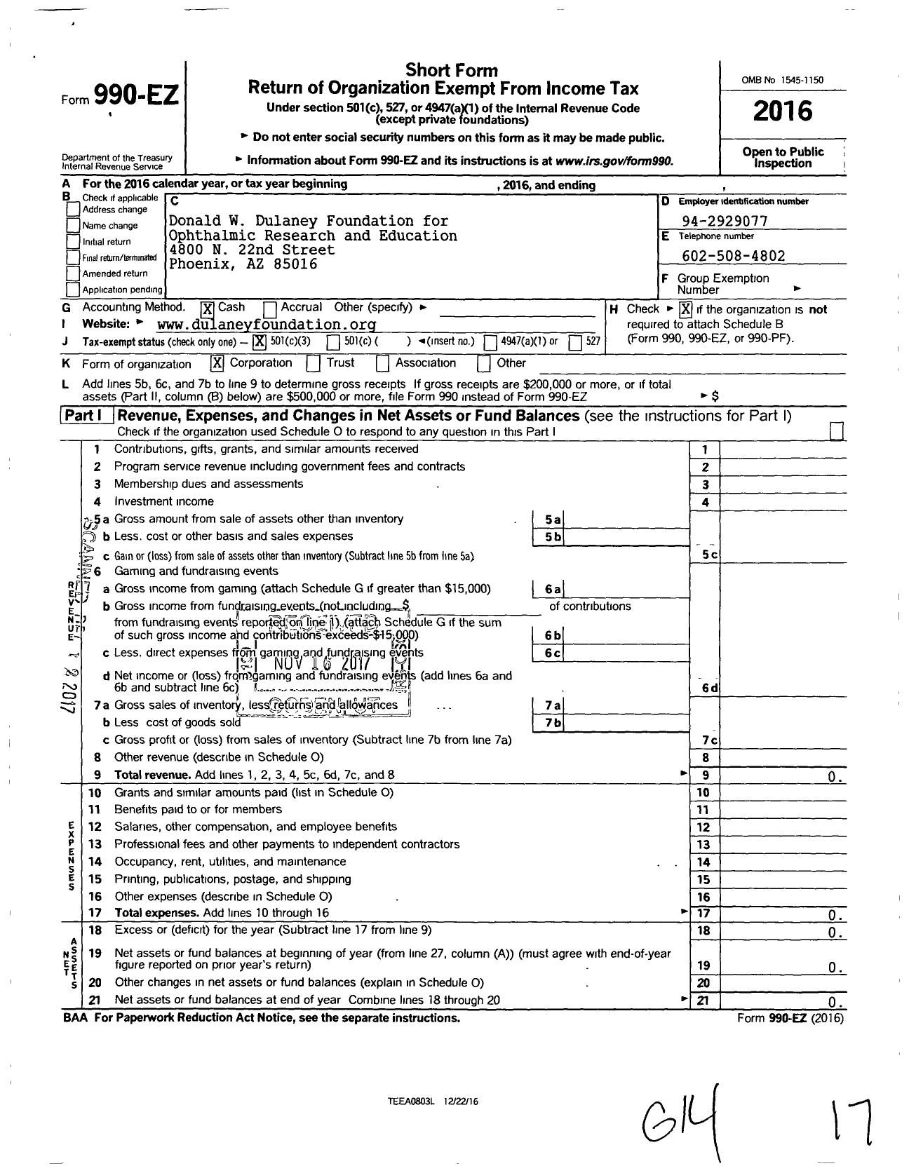 Image of first page of 2016 Form 990EZ for Donald W Dulaney Foundation for Ophthalmic Research and Education