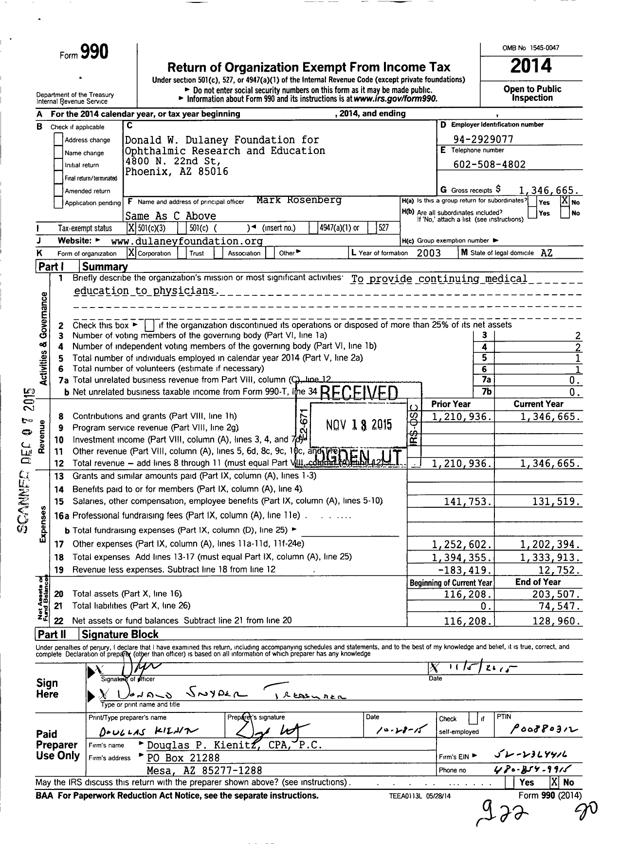 Image of first page of 2014 Form 990 for Donald W Dulaney Foundation for Ophthalmic Research and Education