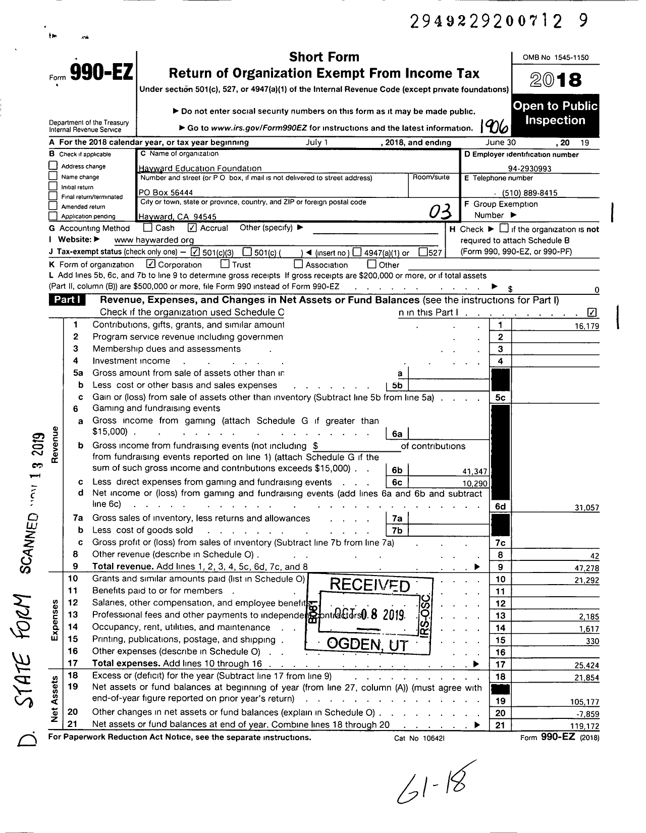 Image of first page of 2018 Form 990EZ for Hayward Education Foundation